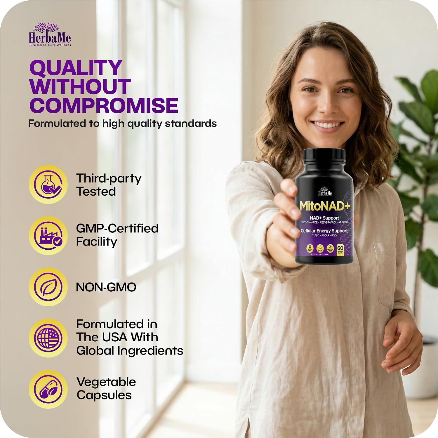 HerbaMe NAD+ Support Supplement - Multi-Pathway Cellular Energy Formula with Nicotinamide, CoQ10, PQQ, Resveratrol & Apigenin - Mitochondrial Support & Healthy Aging - 60 Capsules