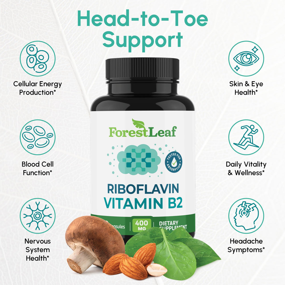 Vitamin B2 Riboflavin 400mg - Energy, Skin & Cellular Health Supplement - Nervous System Support - Vitamin B 2 Vit B - Non-GMO & Gluten Free - B2 Vitamin 400mg