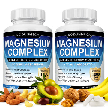 Two bottles of Bodunmsca Magnesium Complex with health benefits displayed.