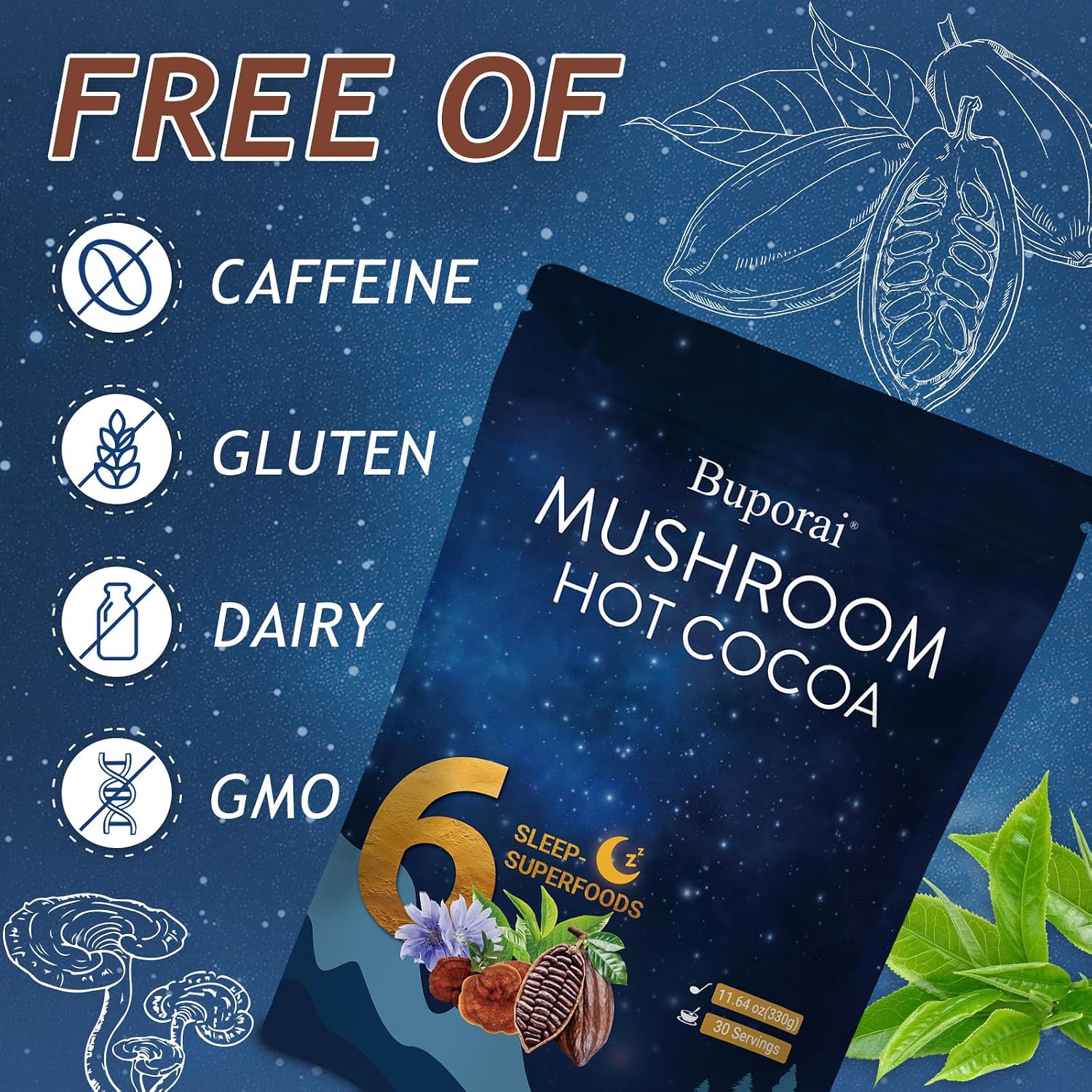 Mushroom Hot Cocoa with Melatonin, Reishi | L-Theanine, Cocoa Powder Hot Chocolate Nighttime Drink Mix for Sleep & Relax - 30 Servings