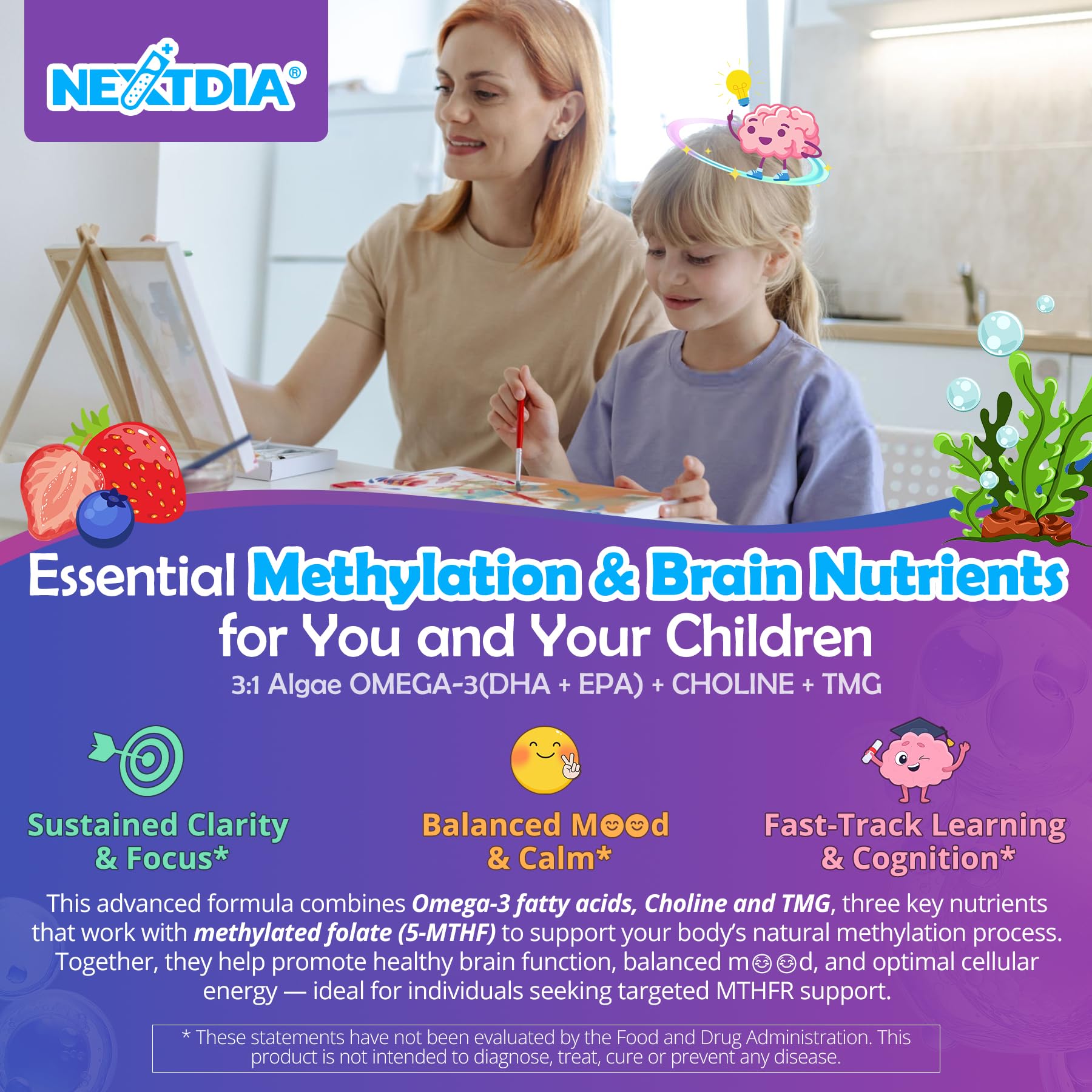 L-Methylfolate 1000 mcg + Methyl B12 Gummies for Kids & Adults - Active 5-MTHF, w/Omega-3 DHA & EPA(3:1), Choline & TMG, B6, Supports MTHFR Gene, Brain, Energy & Methylation, Sugar free, 60 Cts