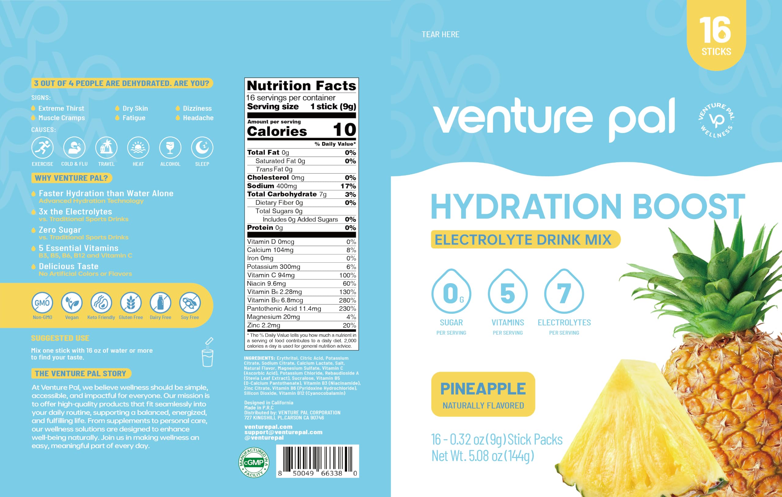Venture Pal Sugar Free Electrolyte Packet, Liquid Daily IV Hydration Powder | 5 Vitamins & 7 Electrolytes, Instantly Hydration Packets for Sports & Party Recovery, Vegan, Keto Friendly, 16 Sticks