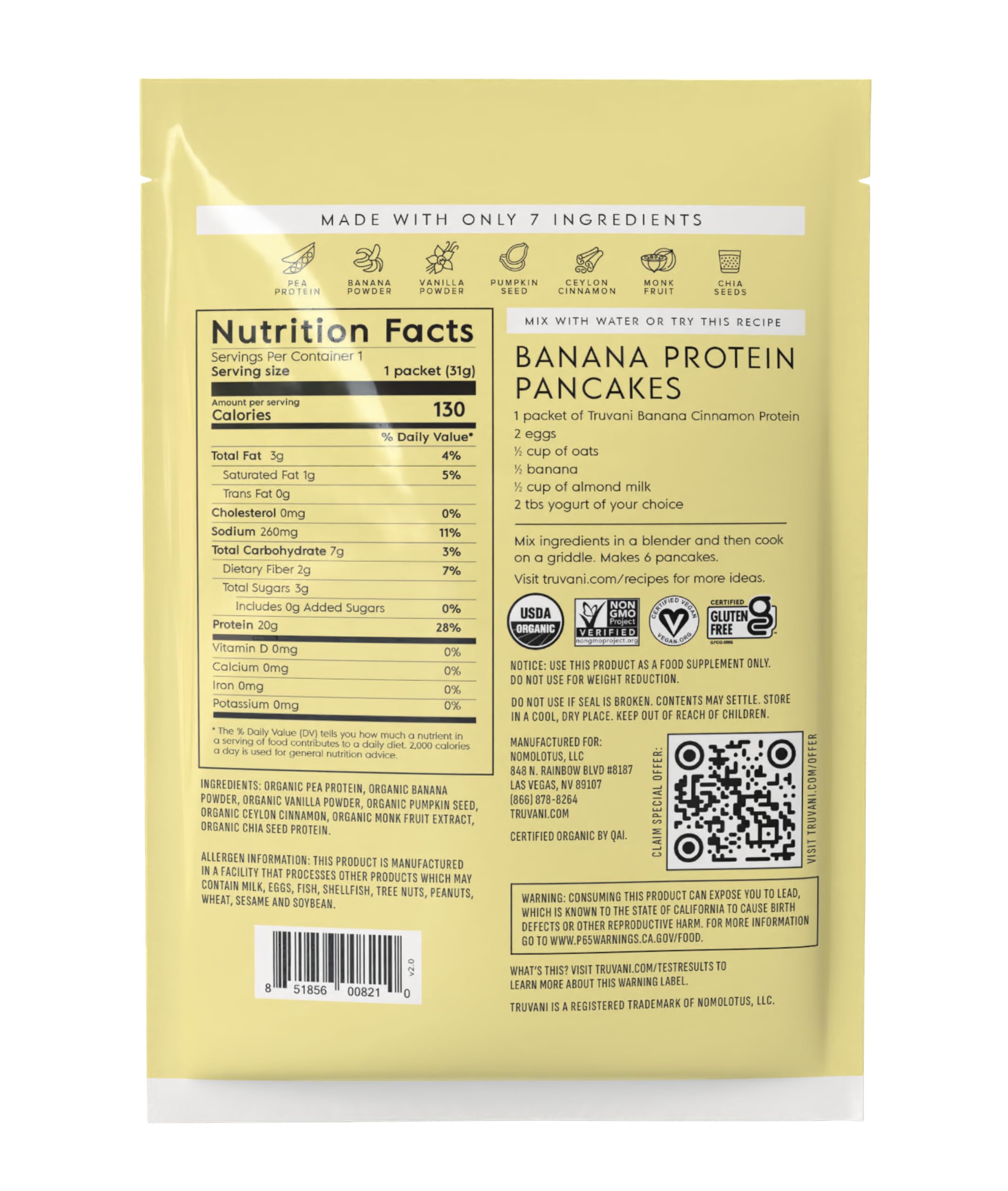 Truvani Organic Plant Based Protein Powder | Vanilla | 1 Serving | Vegan | 20g Pea Protein | Keto | Gluten & Dairy Free | Low Carb | No Added Sugar