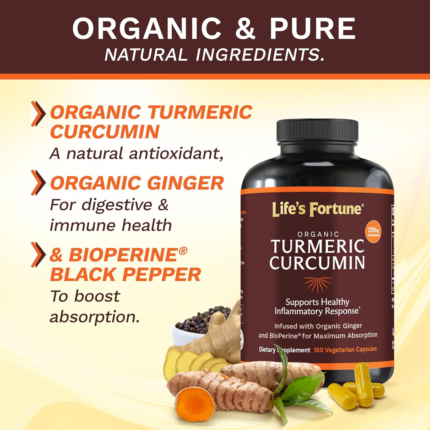 Life's Fortune Organic Turmeric Curcumin with Black Pepper and Ginger, Enhanced Absorption, Extra Strength Supplement, Joint & Immune Support, Non-GMO, 180 Cap - 2250mg