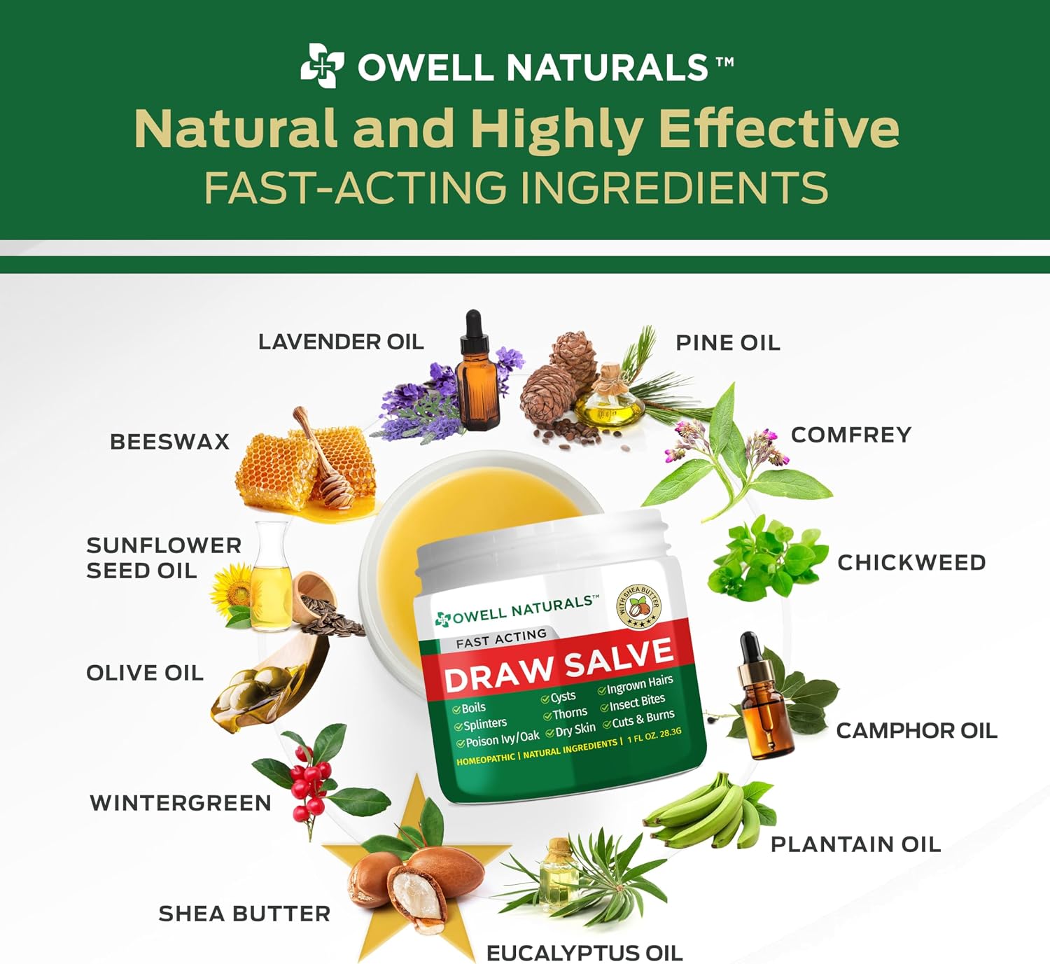 Owell Naturals Drawing Salve Ointment with Pure Shea Butter, for ingrown Hair, Boil, Splinter Remover, Bug Spider Bites, Bee Sting, Mosquito Itch, Poison Ivy, Burns & Cuts,1 Fl Oz (Pack of 1)