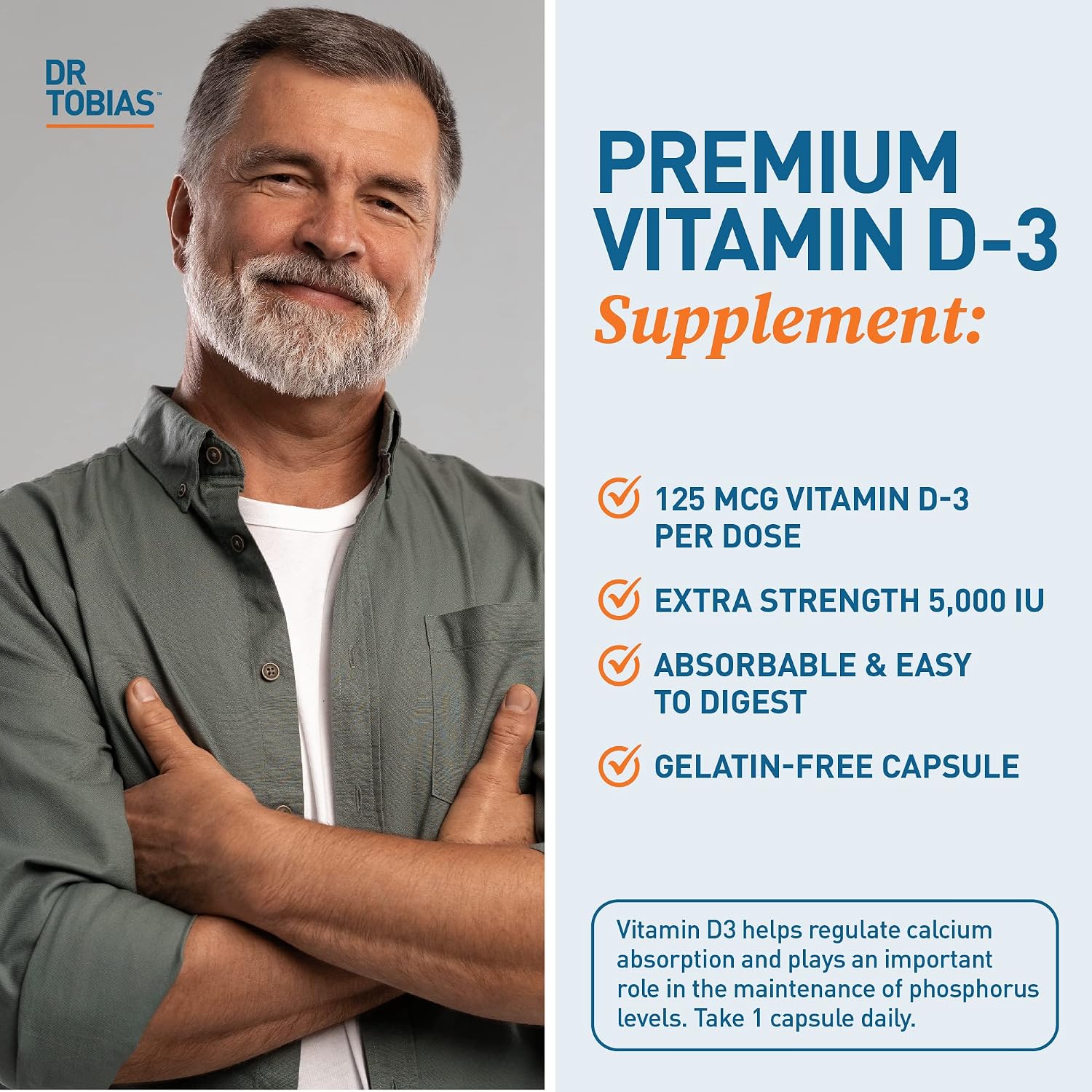 Dr. Tobias Vitamin D3 5000 IU 90 Capsules | Extra Strength Vitamin D | Bone, Teeth & Immune Support | 5,000 IU Vitamin D3 | Gelatin-Free & Non-GMO | 90 Servings
