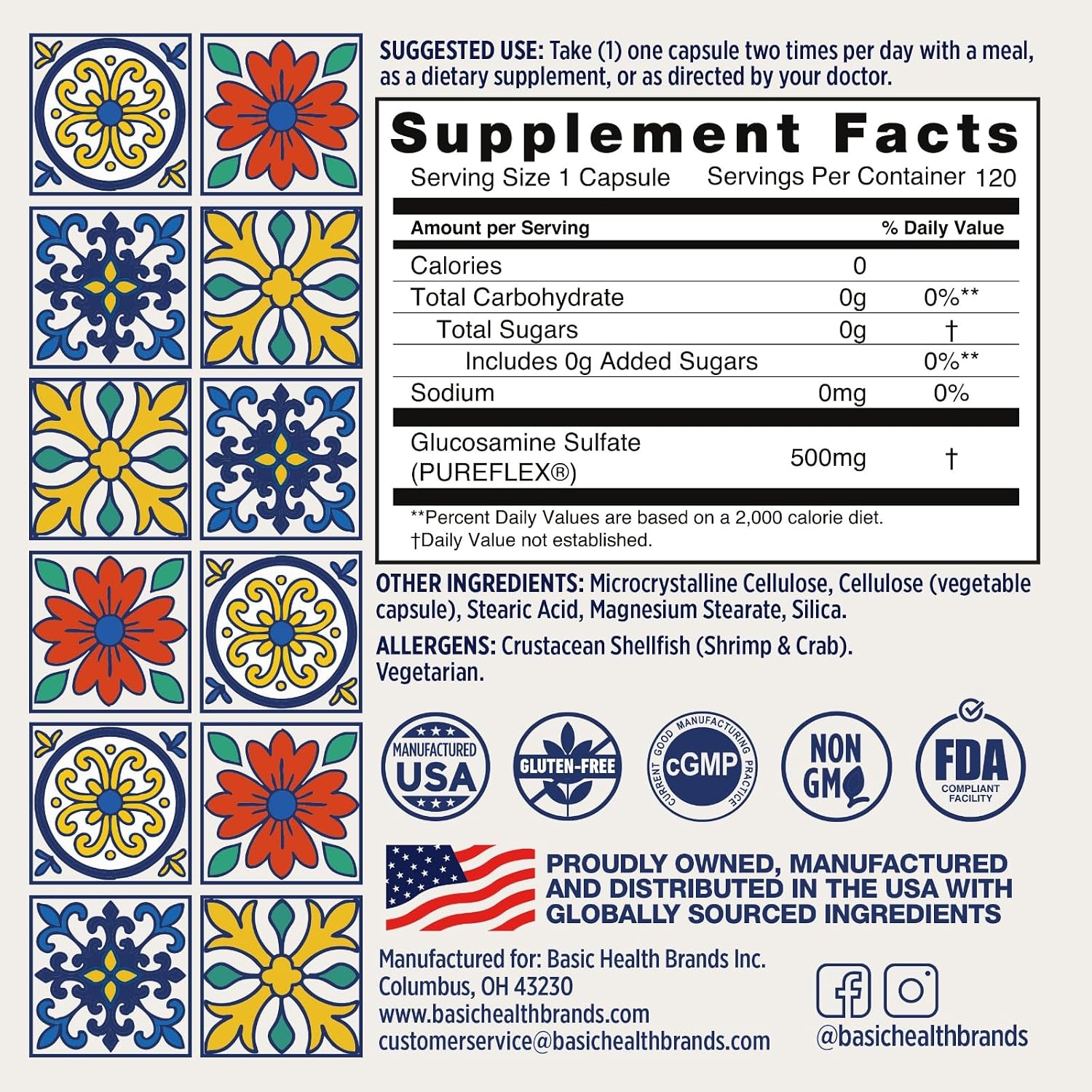Basic Brands Pura Salud Pureflex Glucosamine Sulfate, 500mg 120 Count | Joint Health Support