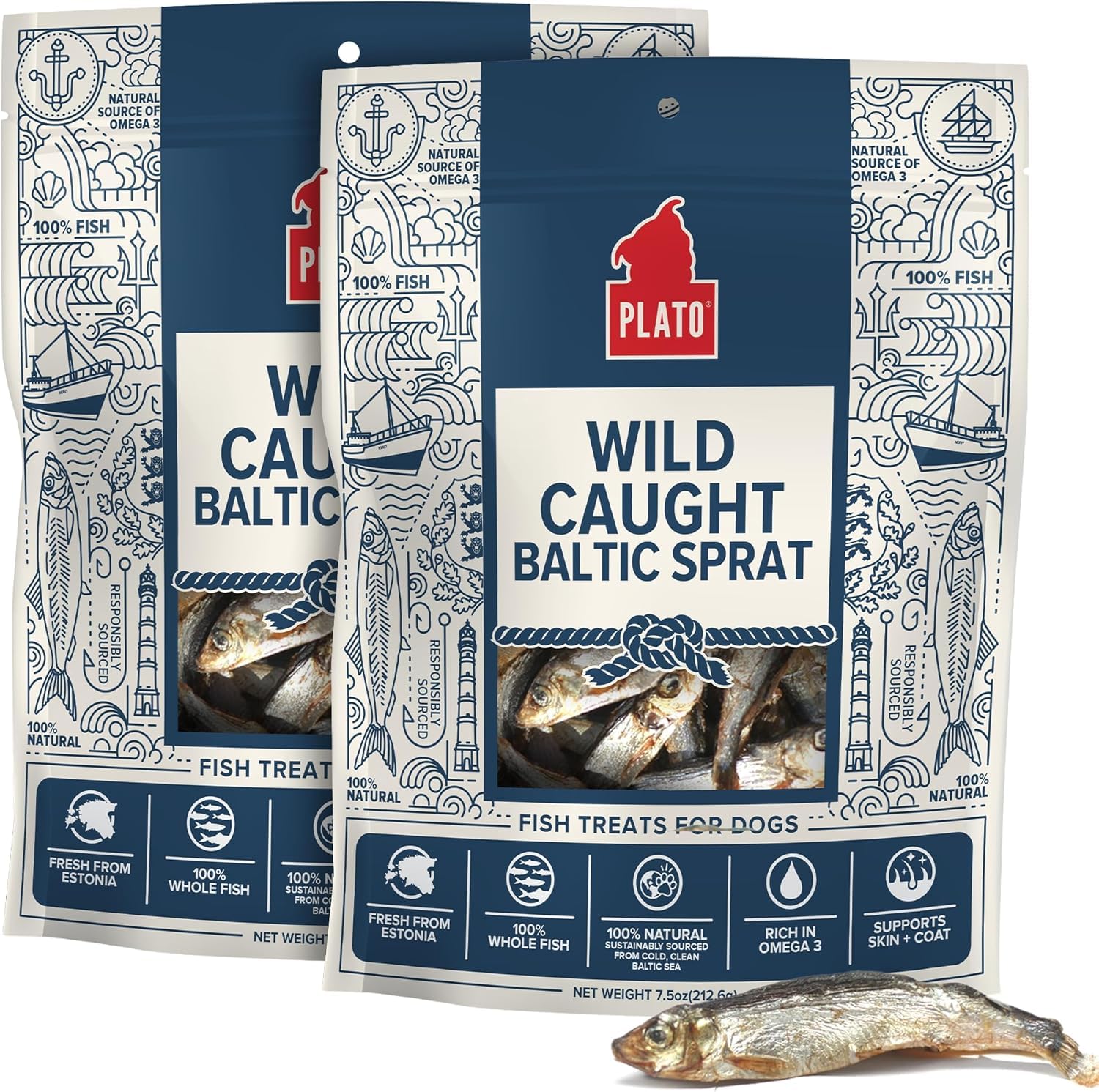 Plato Pet Treats Fish Dog Treats - Air-Dried, Single Ingredient Pet Treat - Omega 3 & 6 Fatty Acids to Support Skin and Coat - 100% Whole Fish - Wild Caught Baltic Sprat - 3 oz - 2 Pack