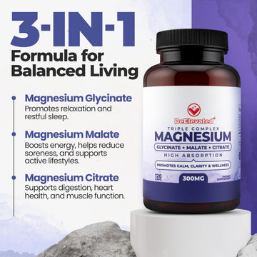 BeElevated High Absorption Triple Magnesium Complex for Sleep, Relaxation & Muscle Support – 300mg of Magnesium Glycinate, Citrate & Malate