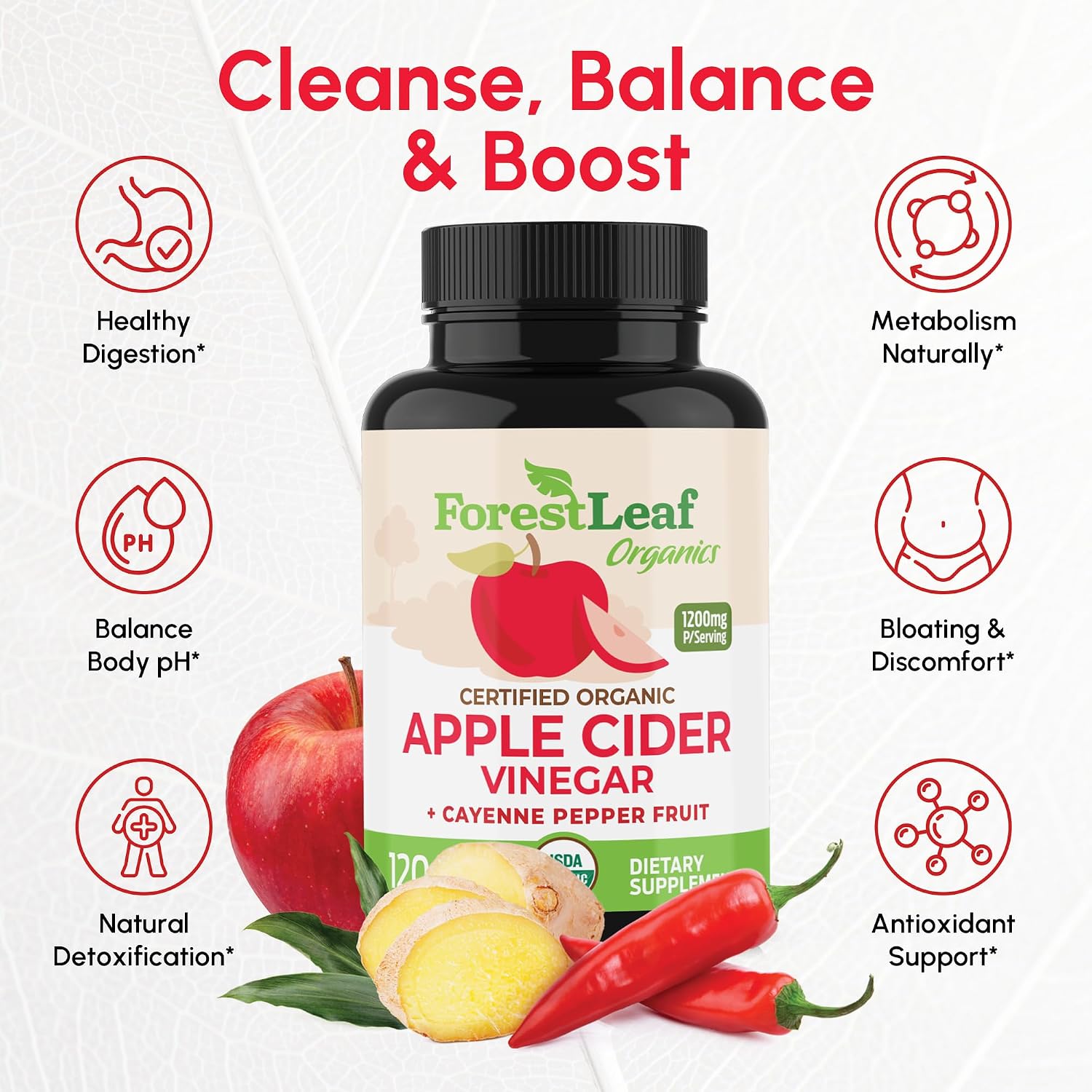 USDA Organic Apple Cider Vinegar Capsules with Mother, 1200 mg | Vegan & Non-GMO | Apple Cider Vinegar Pills with Cayenne Pepper & Ginger Root | 120 Caps