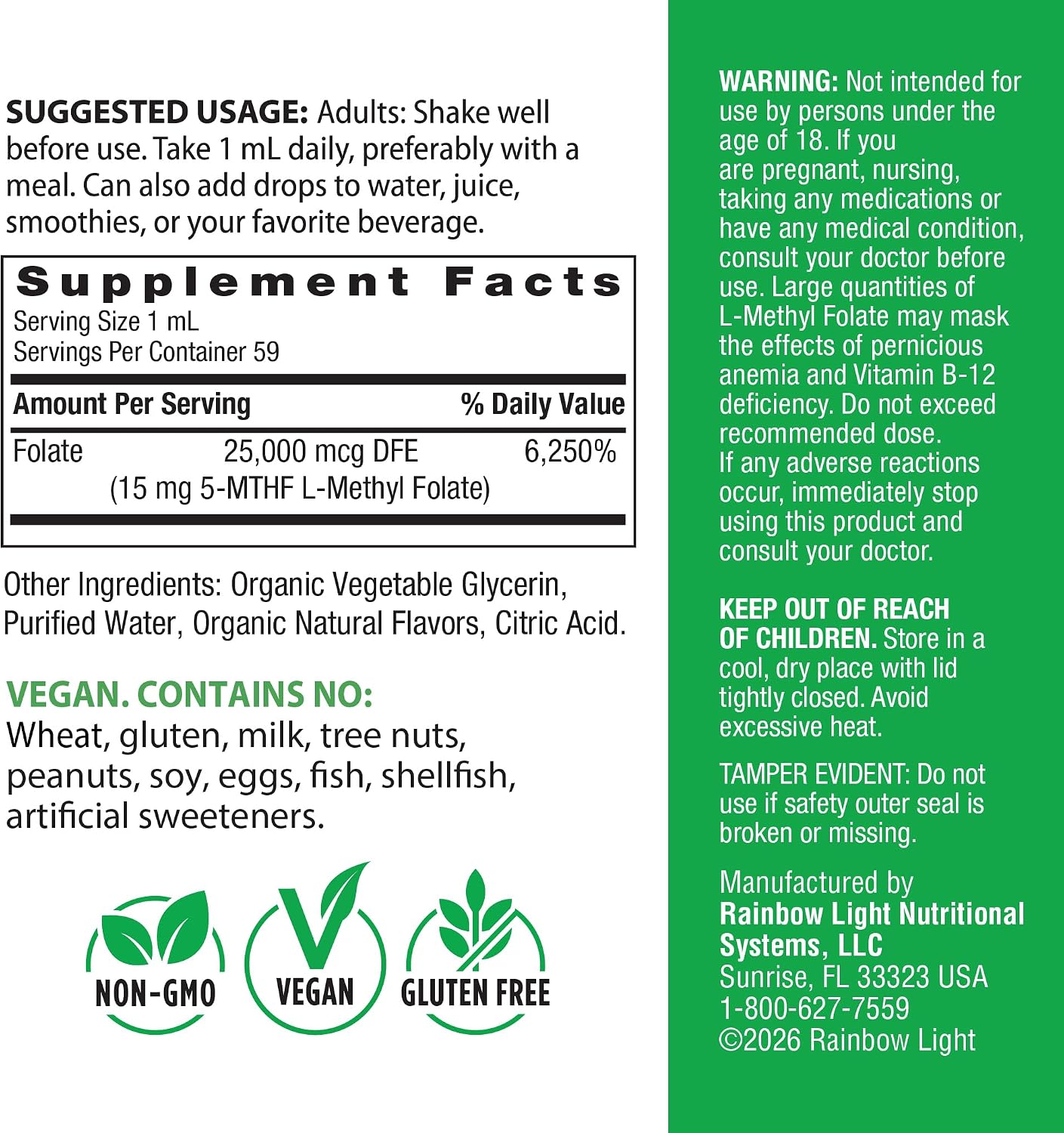 Rainbow Light L Methyl Folate 15 mg | 2 fl oz | with Organic Glycerin | Berry Flavor | USDA Organic | Liquid Supplement