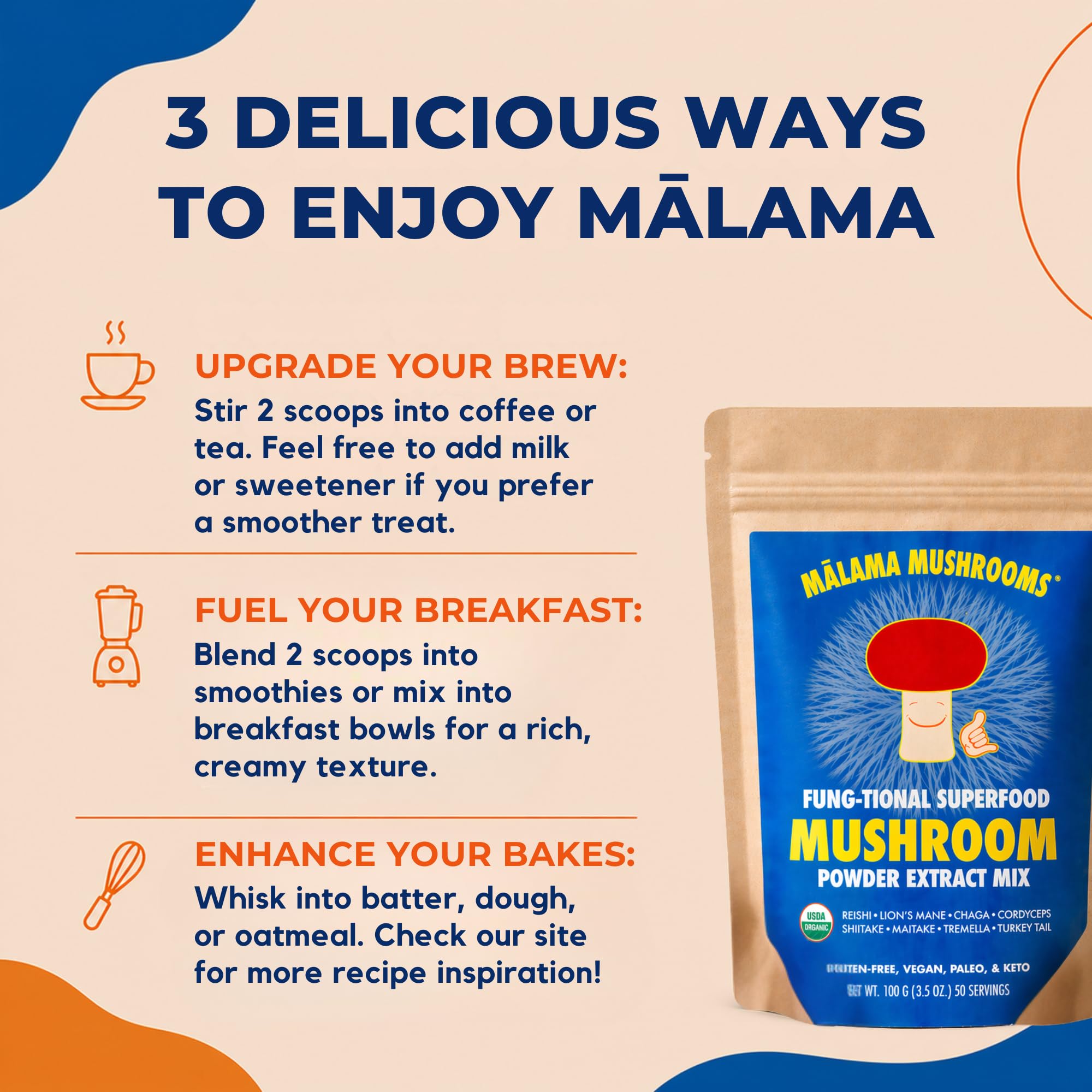 8-Mushroom Extract Powder by Malama, Organic Body Mushroom Blend Featuring Lion's Mane, Reishi, Cordyceps, Chaga, Turkey Tail, Superfood Adaptogenic