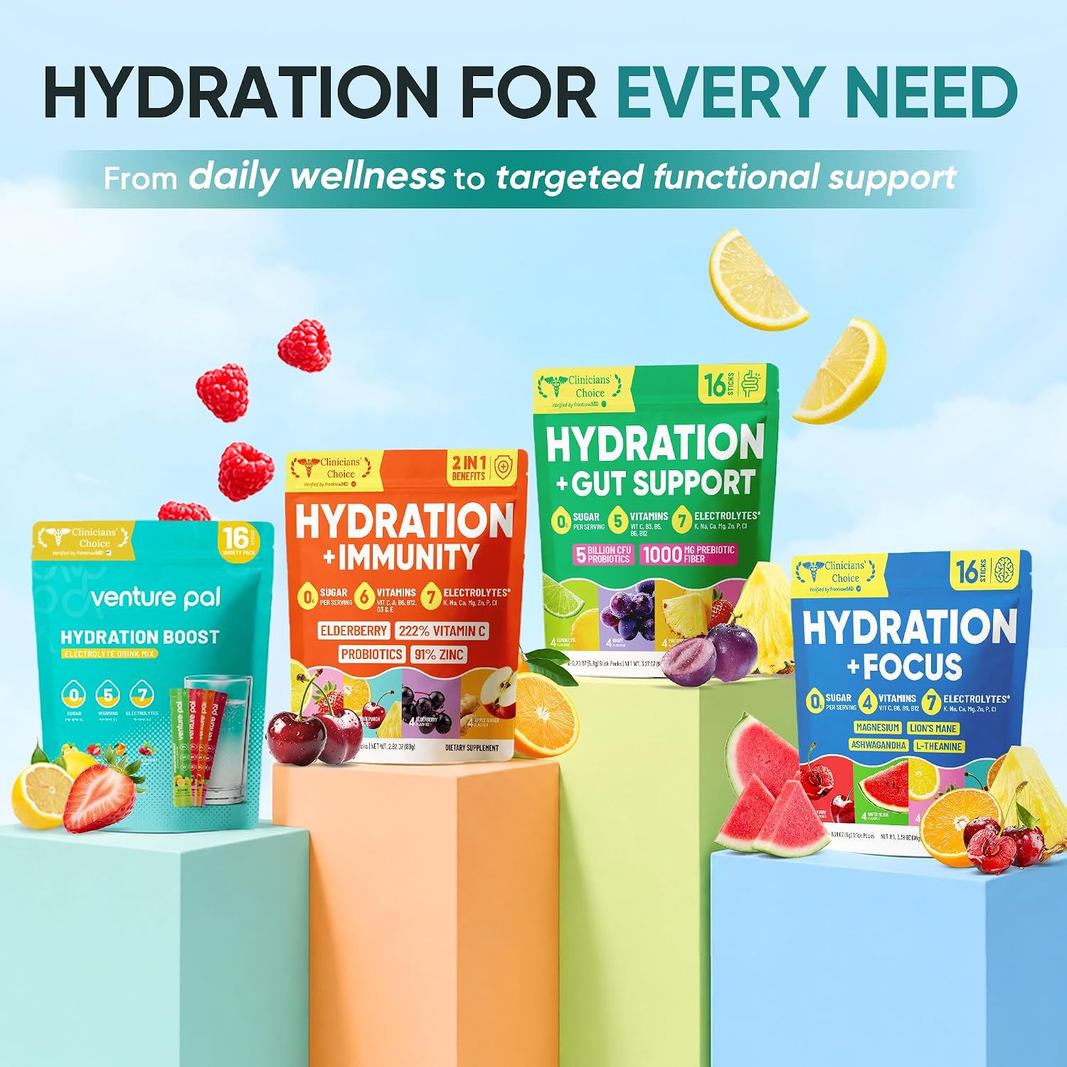 Venture Pal Sugar Free Electrolyte Powder, Liquid Daily IV Hydration Packet | 7 Electrolytes & 5 Vitamins, Electrolytes Dink Mix for Party Recovery & Instantly Hydration, Vegan, Keto-Friendly, 16 Sticks