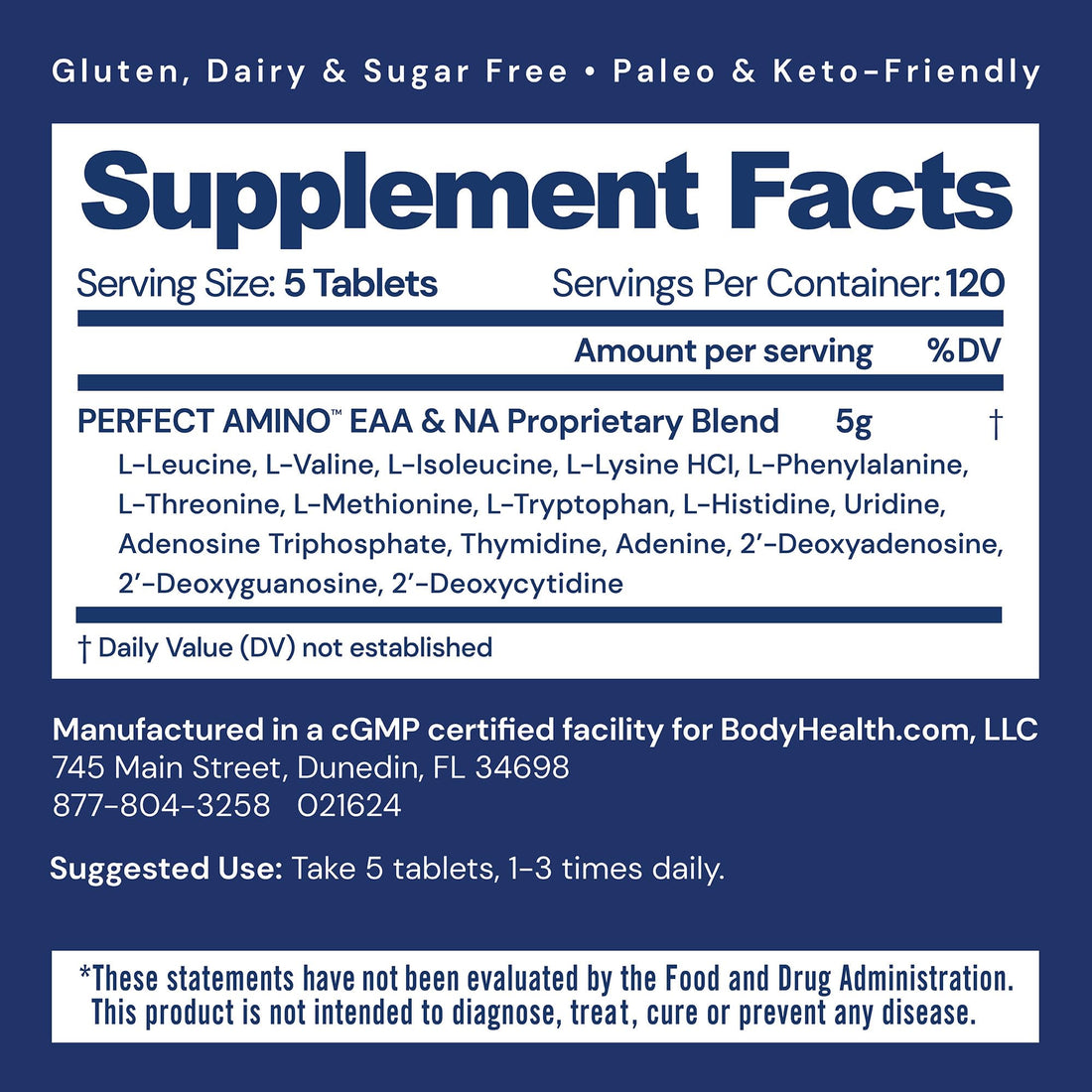BodyHealth PerfectAmino, Essential Amino Acid with BCAAs + Lysine, Phenylalanine, Threonine, Methionine, Tryptophan, Supplement for Muscle Mass Production,