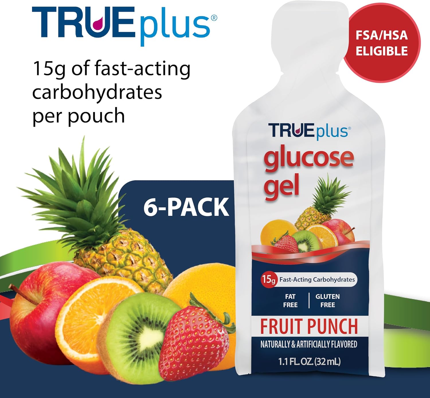 TRUEplus Glucose Gel Pouch, 15g Carbohydrates, Fruit Punch Flavor, 6 Pack | 15g Fast-Acting Carbohydrates Per Serving, Fat Free, Gluten Free, Boosts Energy, Great Tasting and Easy to Use