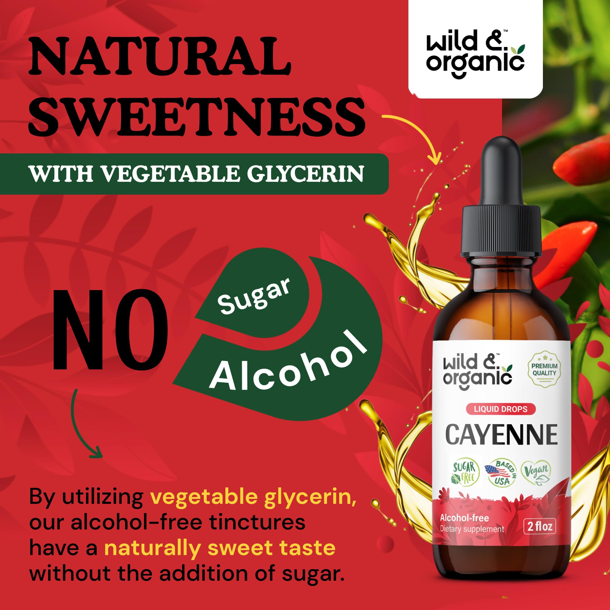 Wild & Organic Cayenne Pepper Drops - Antioxidant & Digestive Support - Capsaicin Supplements - Fast Absorbing Liquid Cayenne Pepper Extract Tincture - No Spicy Aftertaste, Alcohol-Free - 4 fl oz