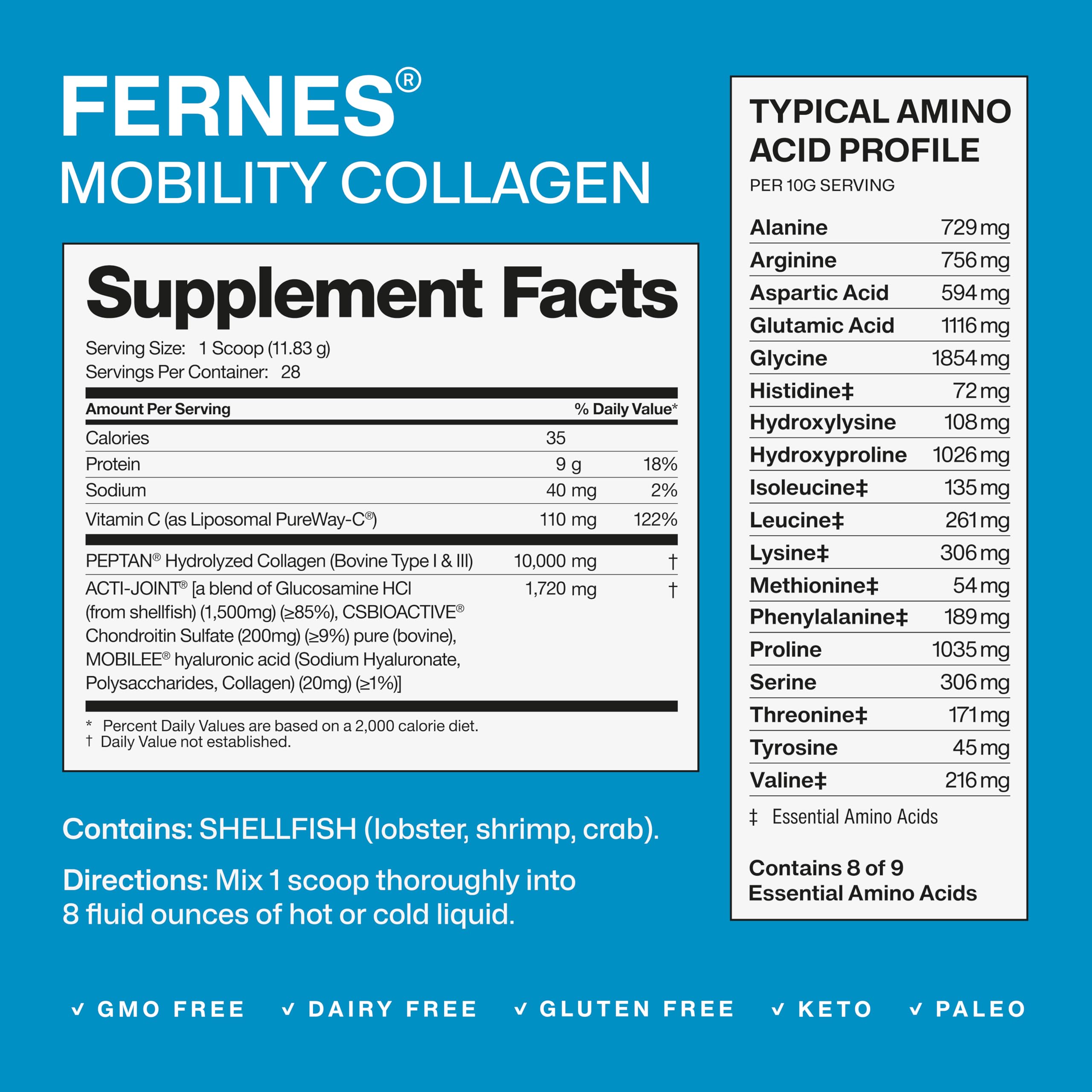 Mobility Collagen Peptides Powder - Glucosamine, Chondroitin, Hyaluronic Acid & Liposomal Vitamin C Joint Bone & Cartilage Support Grass-Fed Type I & III Keto & Paleo 28 Servings, 11.83 oz