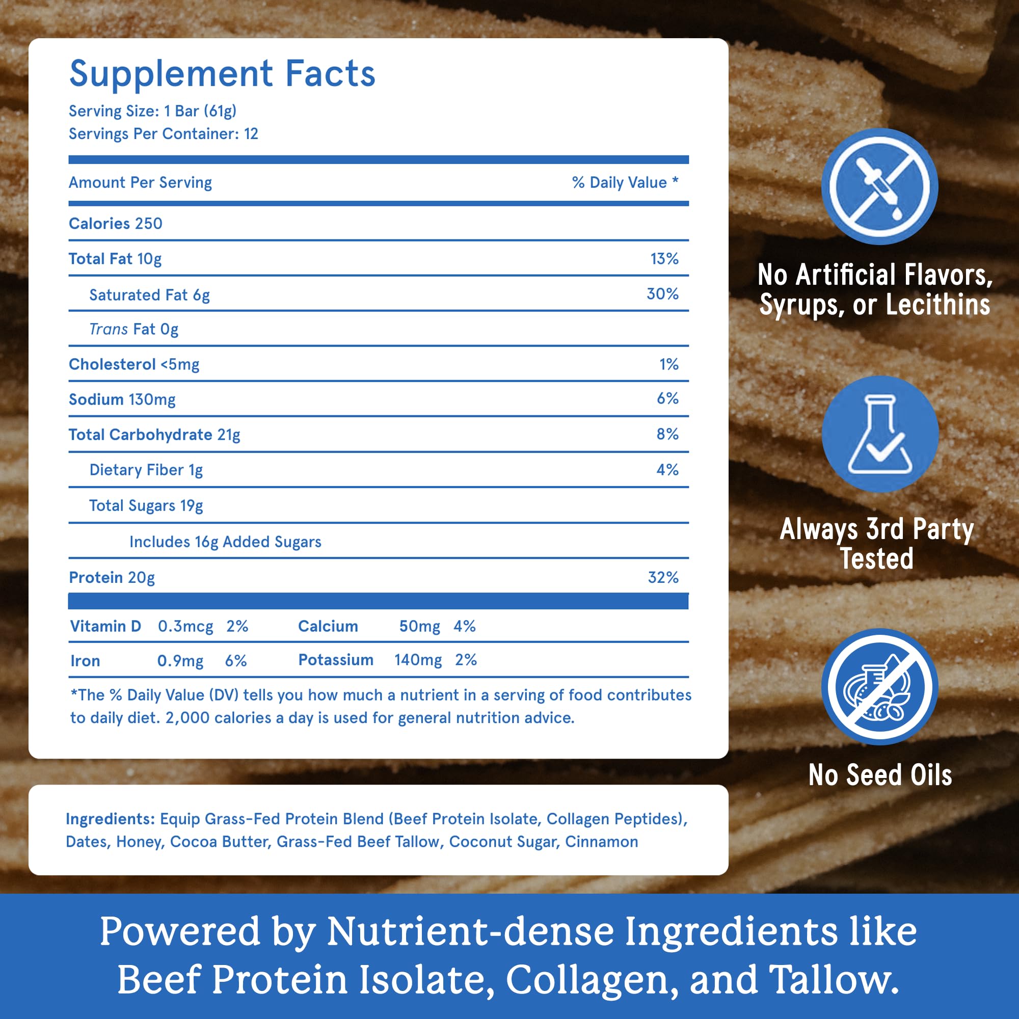 Equip Foods High Protein Prime Bars – Grass Fed Beef Protein, Collagen & Tallow – Gut Friendly, Gluten Free 20g Protein Bars - Only Real-Food Ingredients - Peanut Butter Chocolate, 12 Count