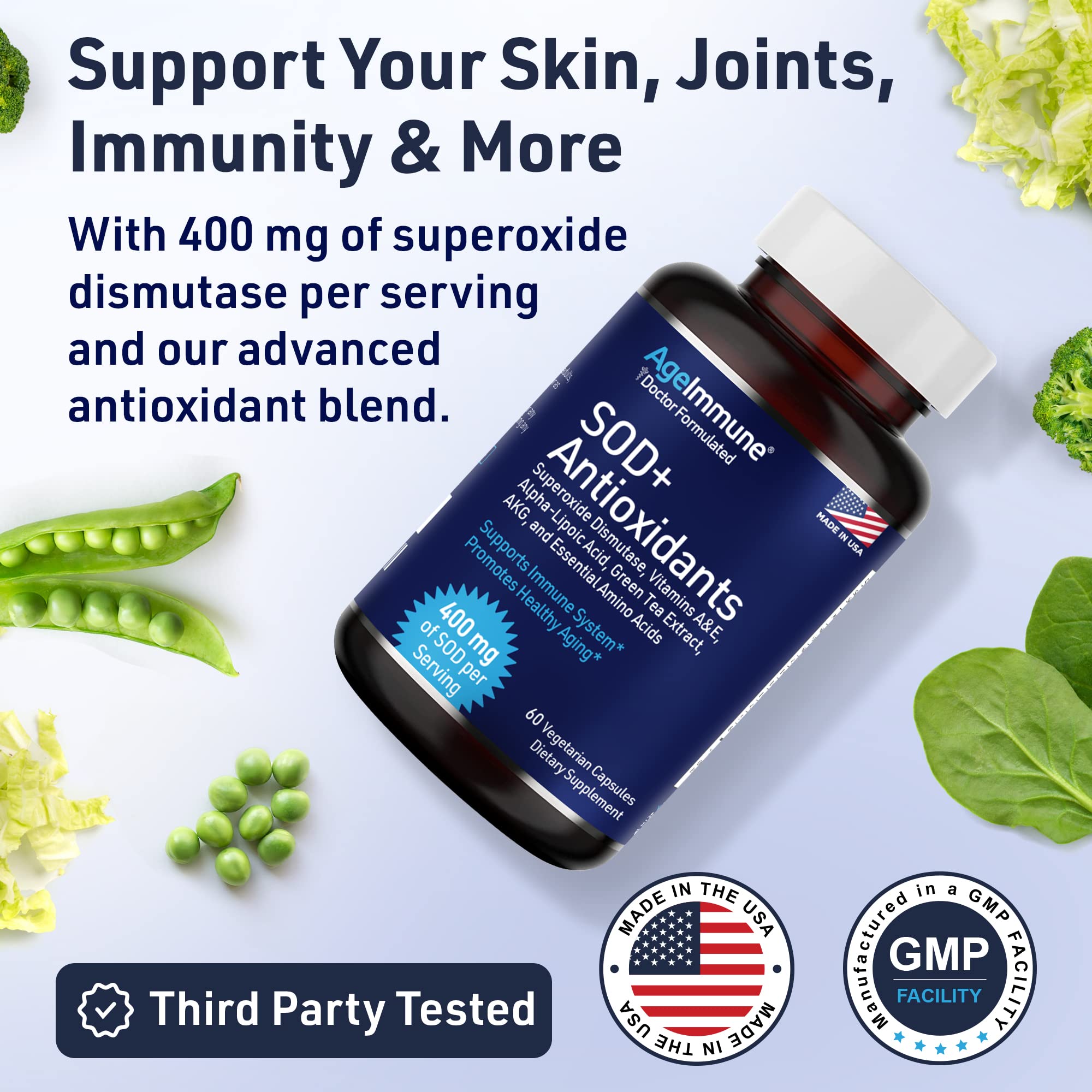 SOD Antioxidants Complex Healthy Aging Supplement - 400mg of Superoxide Dismutase - Alpha Lipoic Acid - Green Tea Extract - L-Arginine - Lysine - AKG - Vitamins A and E for Immune Support-120 Capsules