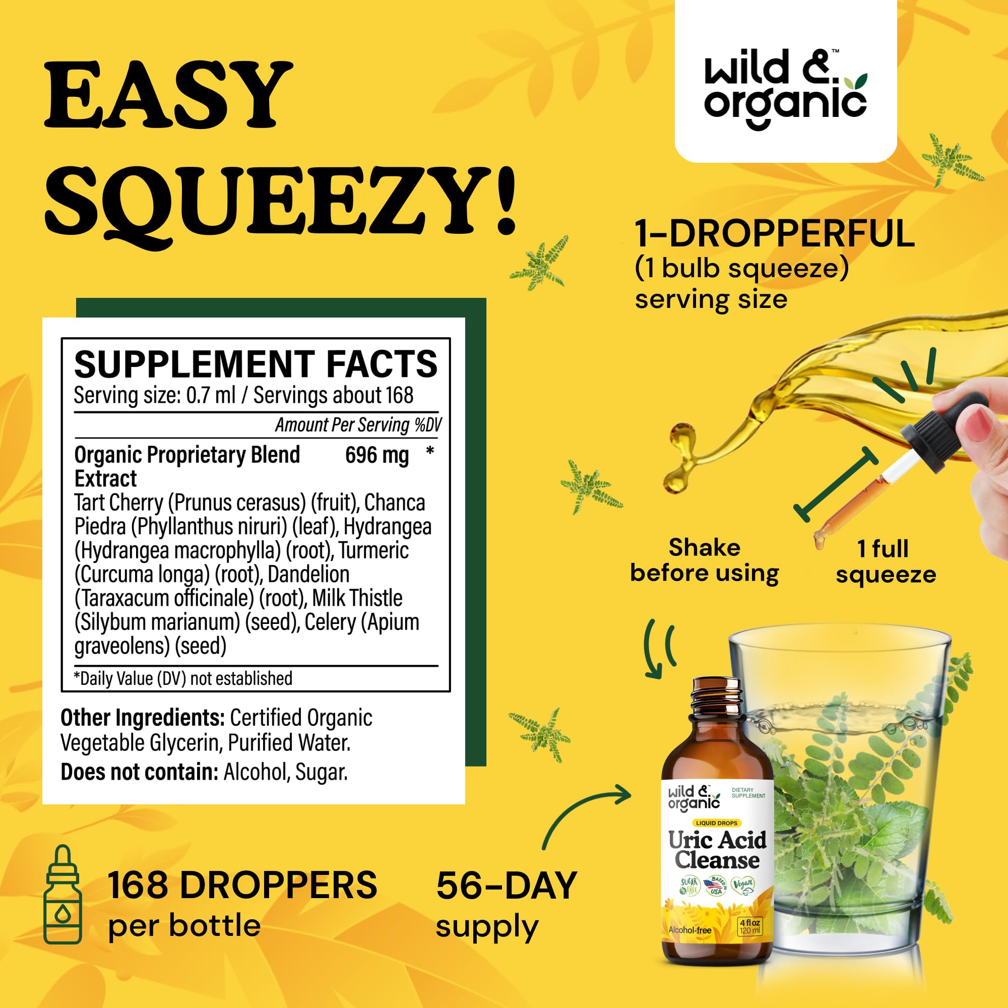 Wild & Organic Uric Acid Cleanse Liquid Drops - Tart Cherry, Turmeric, Celery, Chanca Piedra, Dandelion Root Extract Complex - Uric Acid Supplement - Vegan, Sugar & Alcohol-Free Tincture - 4 fl oz