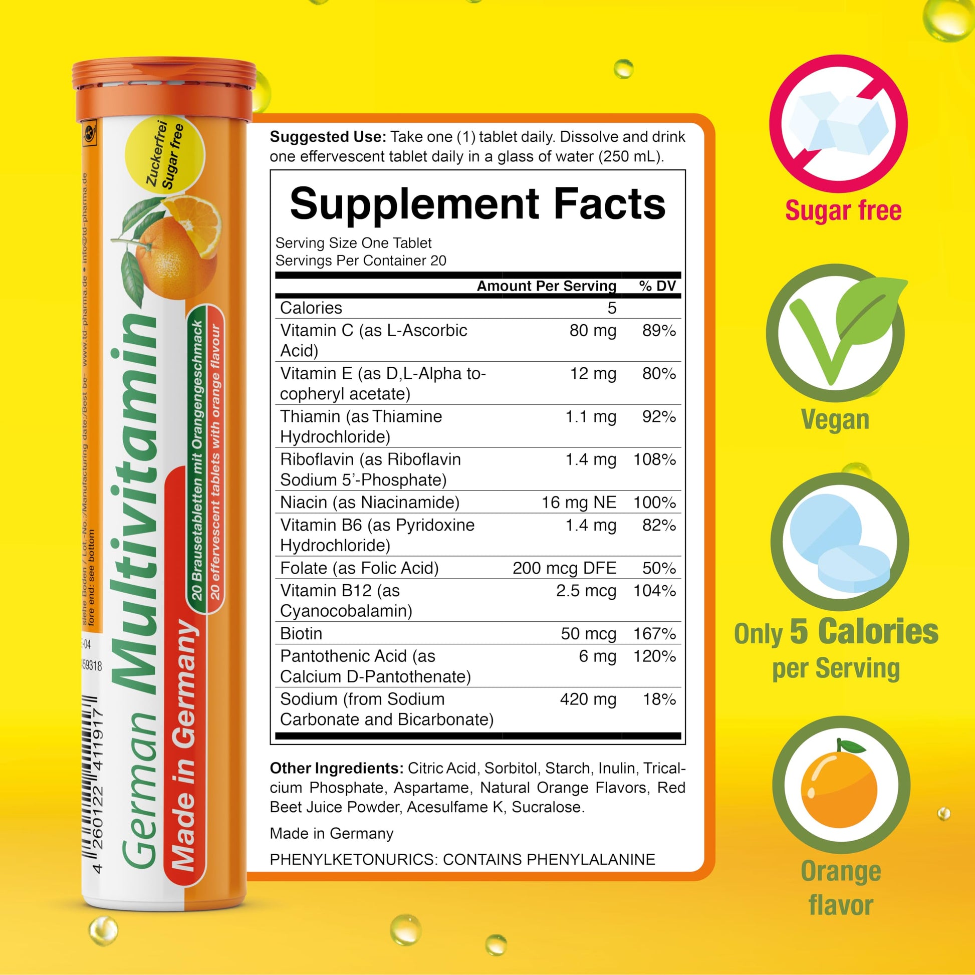 T&D German Multvitamin 10 Vitamins - 100 Vegan Drink Effervescent Tablets - Orange Flavor - Made in Germany T&D buy supplements Au