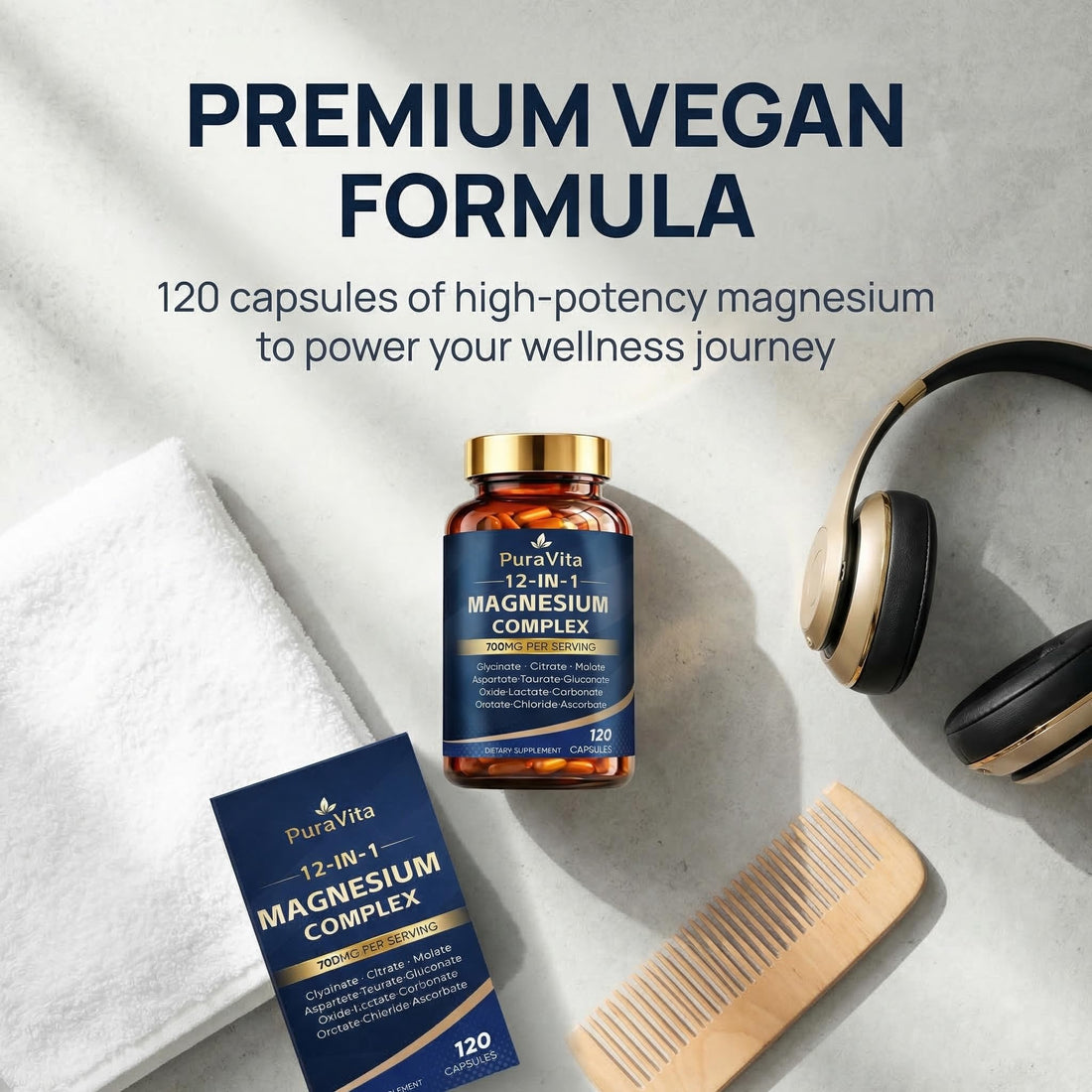 PuraVita 12-IN-1 Magnesium Complex supplement bottle with gold cap and blue label on a white background