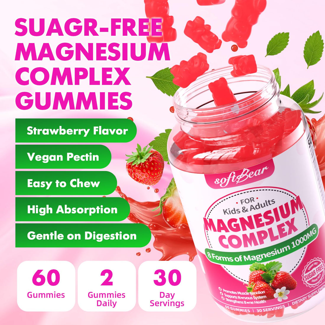 Two bottles of softBear magnesium complex gummy bears on a white background