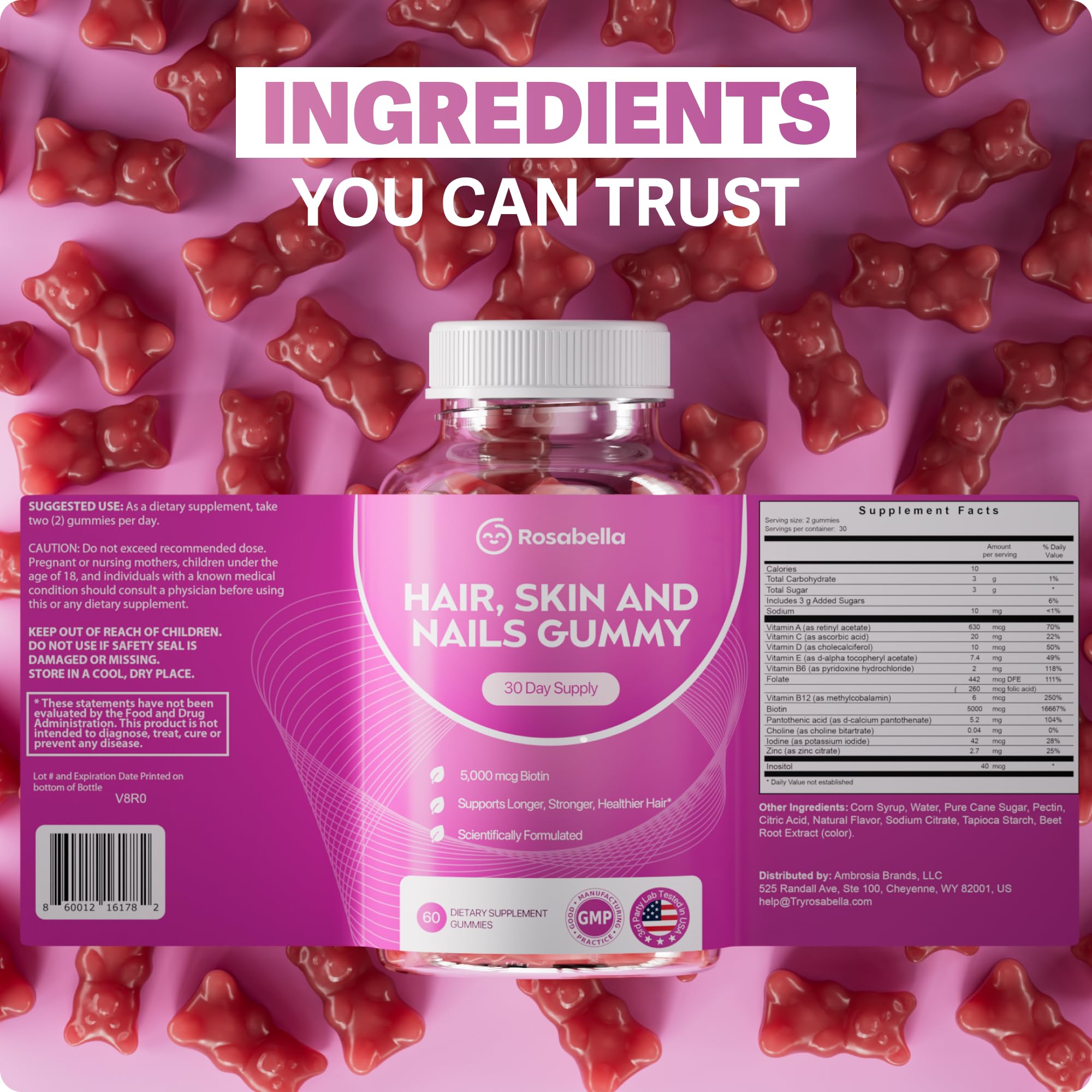 Rosabella Hair Growth Gummies for Women & Men – Vegan Hair Gummies with 5000mcg Biotin – Hair Vitamins for Strong, Healthy-Looking Hair – Gummy Biotin Supplement – 60 Count