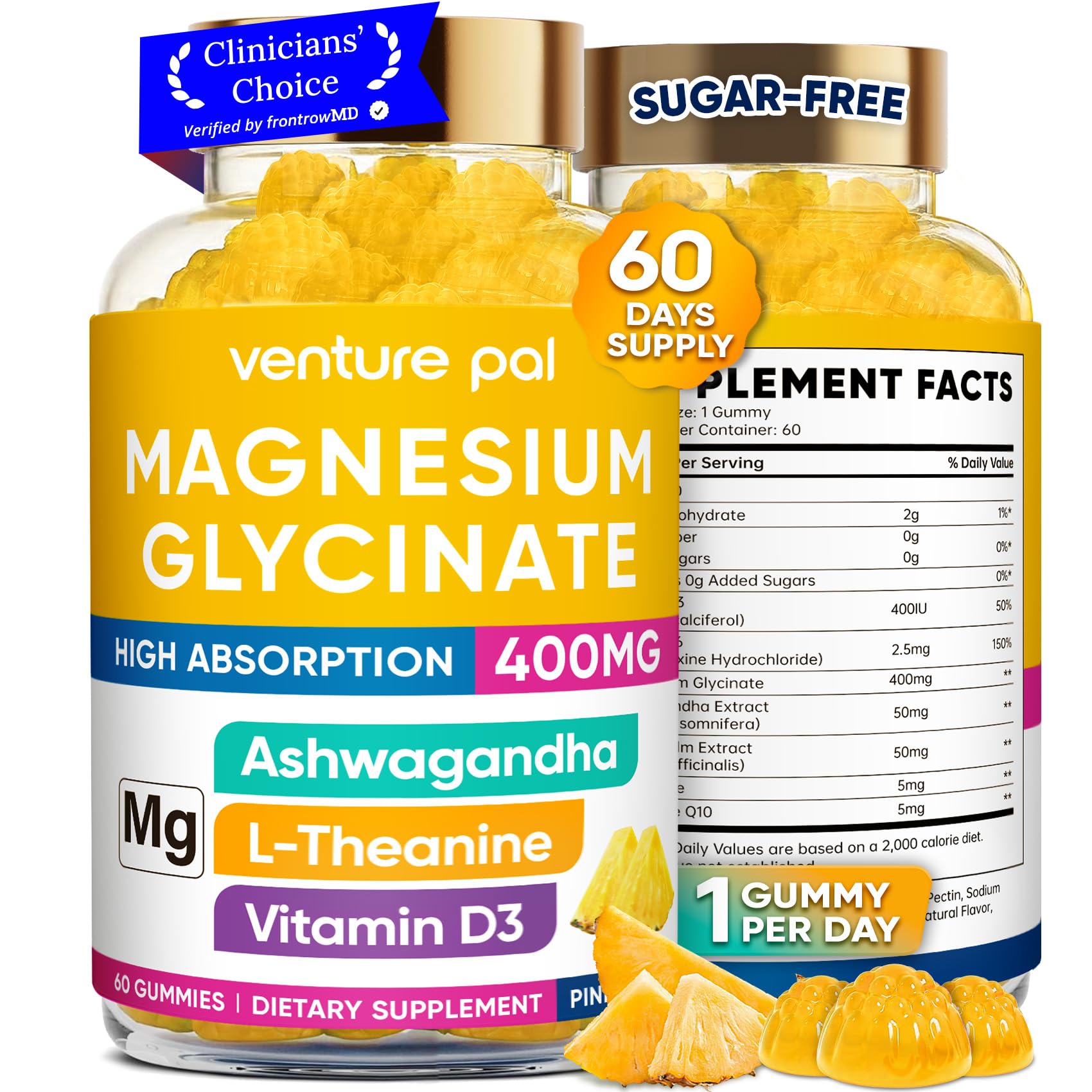 60 Day Supply Magnesium Glycinate 400mg Gummies Sugar Free High Absorption | With Ashwagandha, L-Theanine, CoQ10, Vitamin D3 & B6, Adults & Kids, Stress Relief, Sleep & Calm, Vegan, Gluten Free