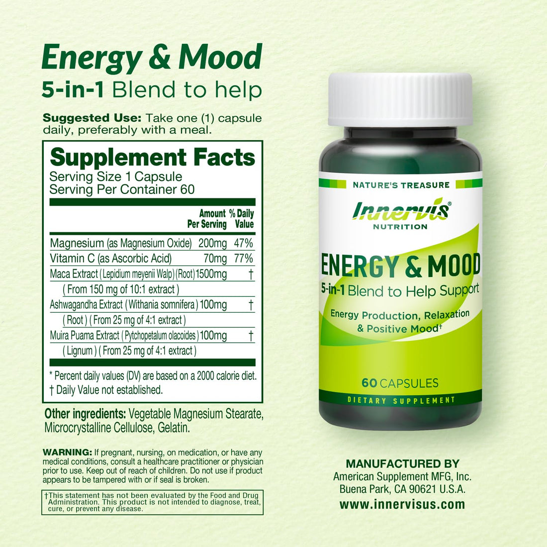 Supplement bottle labeled 'Innervis Nutrition Energy & Mood' on a white background