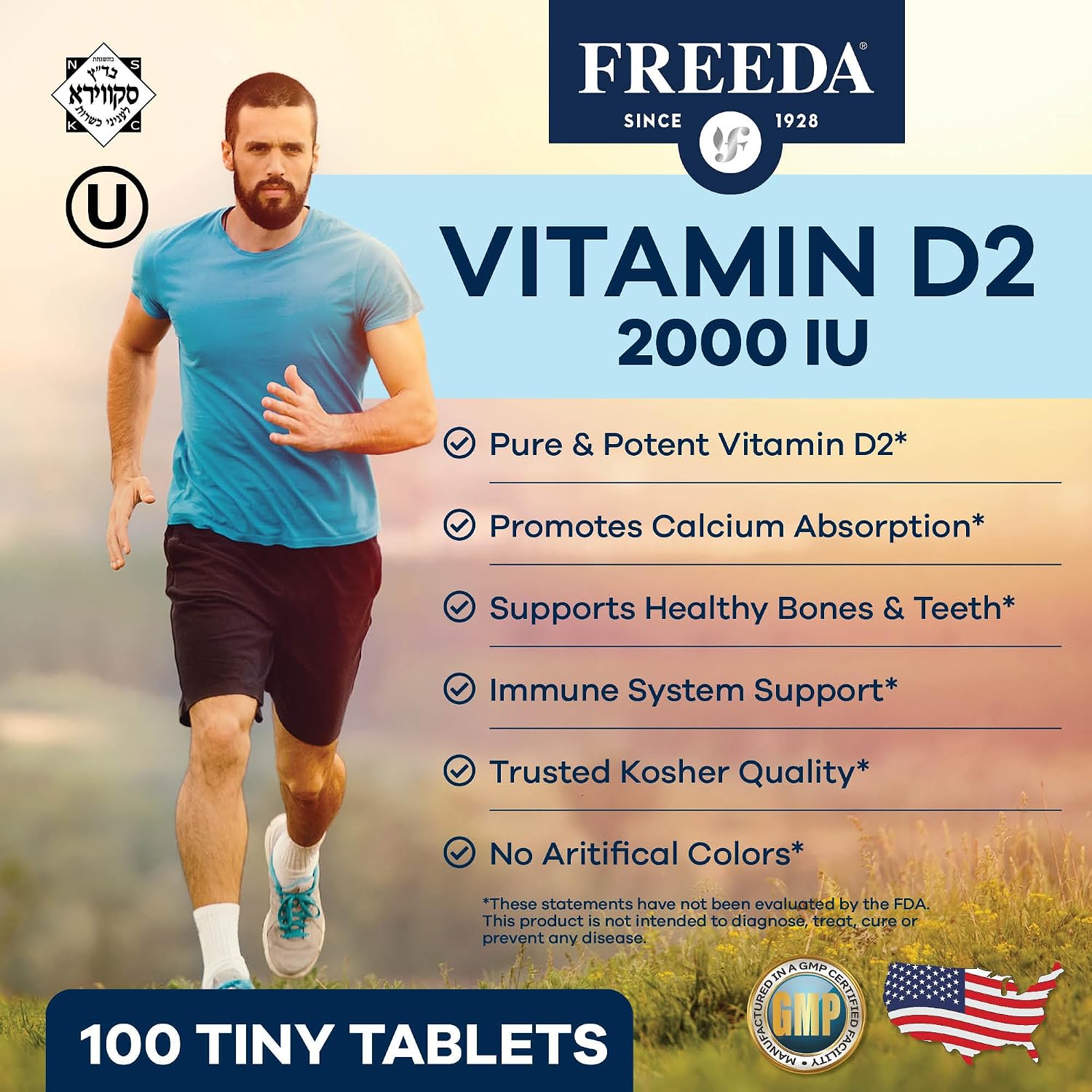 FREEDA Vitamin D2 2000 IU for Bone & Immune Support – Vegan, 100 Tablets | Supports Bone, Teeth & Muscle Function, Tiny Easy-to-Swallow Tablets, Ergocalciferol Supplement, Kosher, Made in USA