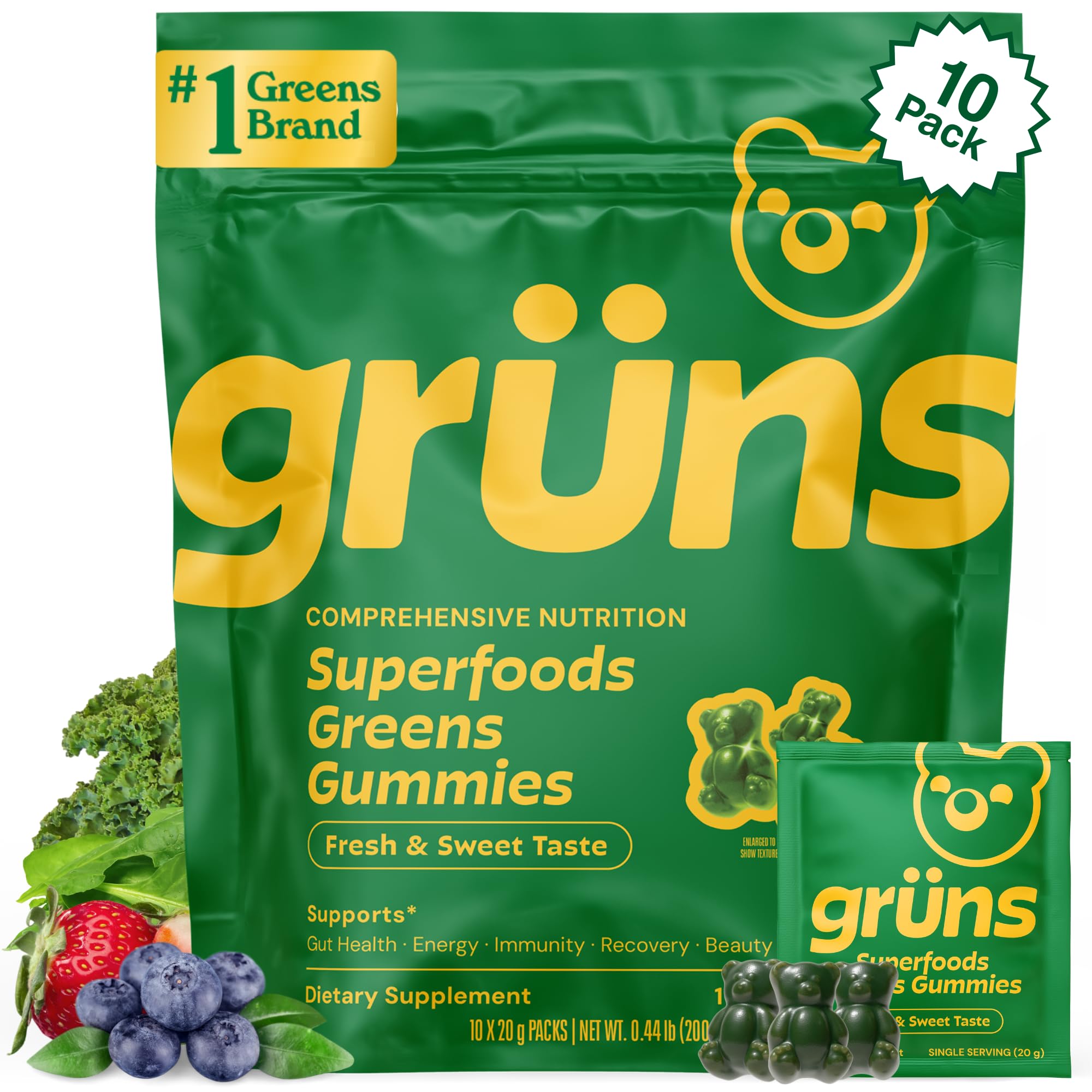 Adult Greens Gummies & Daily Multivitamin, Prebiotic Fiber, 28 ct | Adaptogens, Superfoods, 20+ Vitamins & Minerals, Digestion, Daily Support