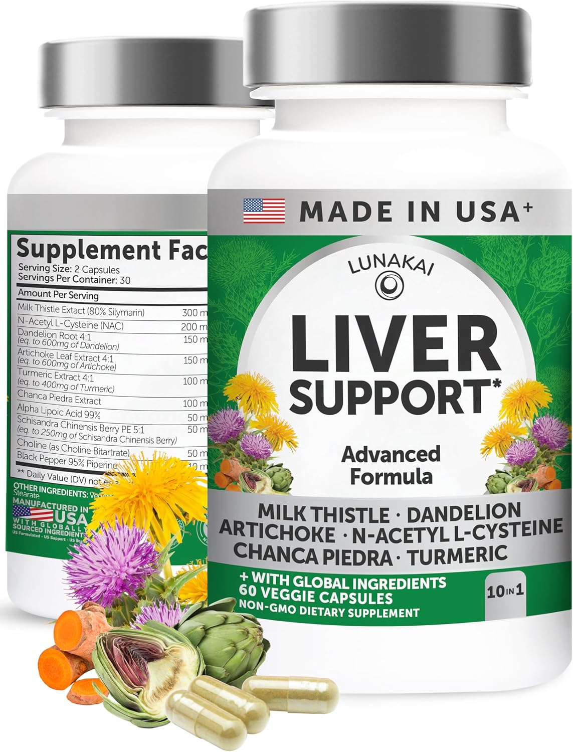 Lunakai USA Made Liver Cleanse Detox & Repair - 10-in-1 with Milk Thistle & NAC – Liver Support Supplement Capsules for Men & Women, Daily Health, Non-GMO, 60ct