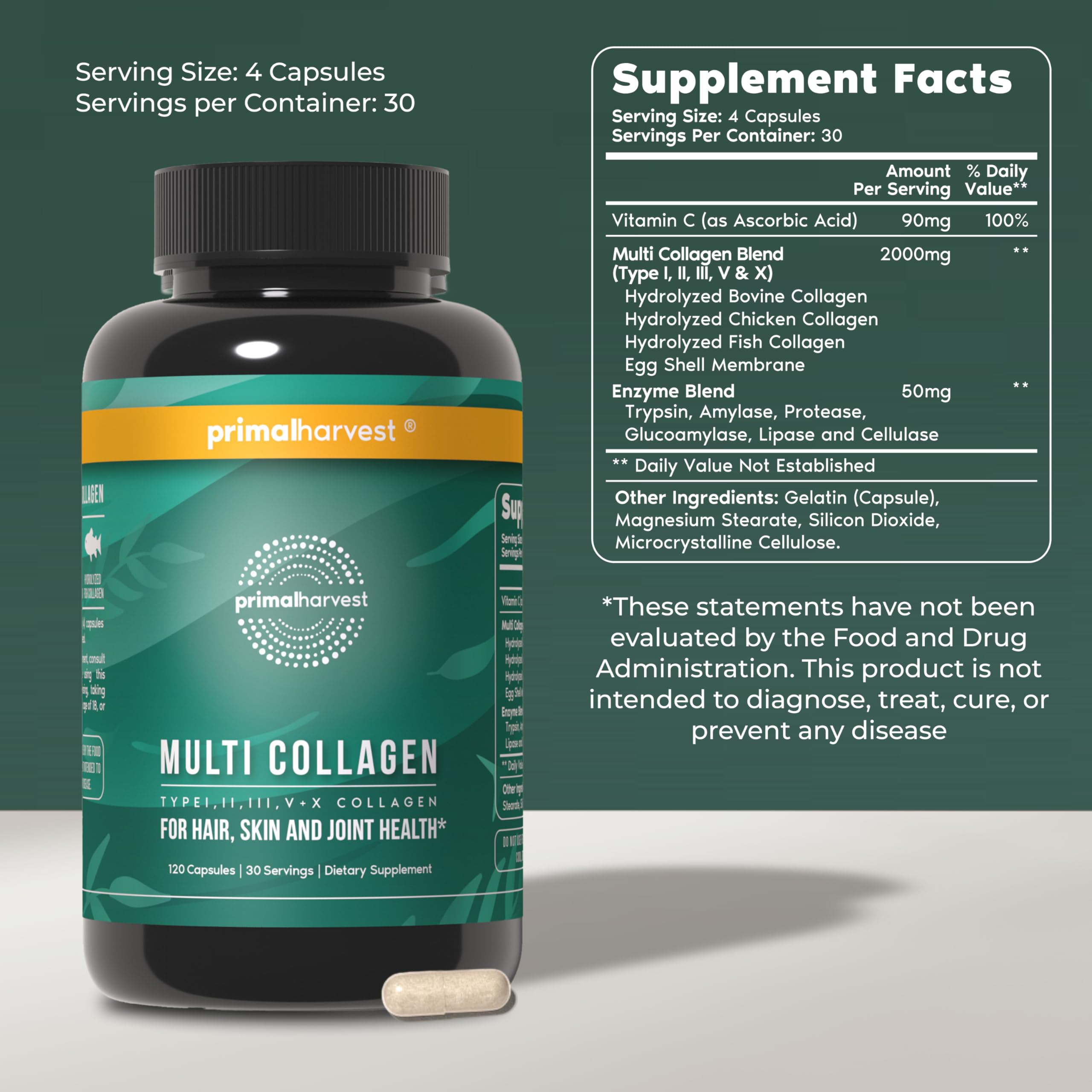 Primal Harvest Multi Collagen Pills for Women and Men (Type I, II, III, V, X) 120 Capsules w/Vitamin C for Hair, Skin, Nails