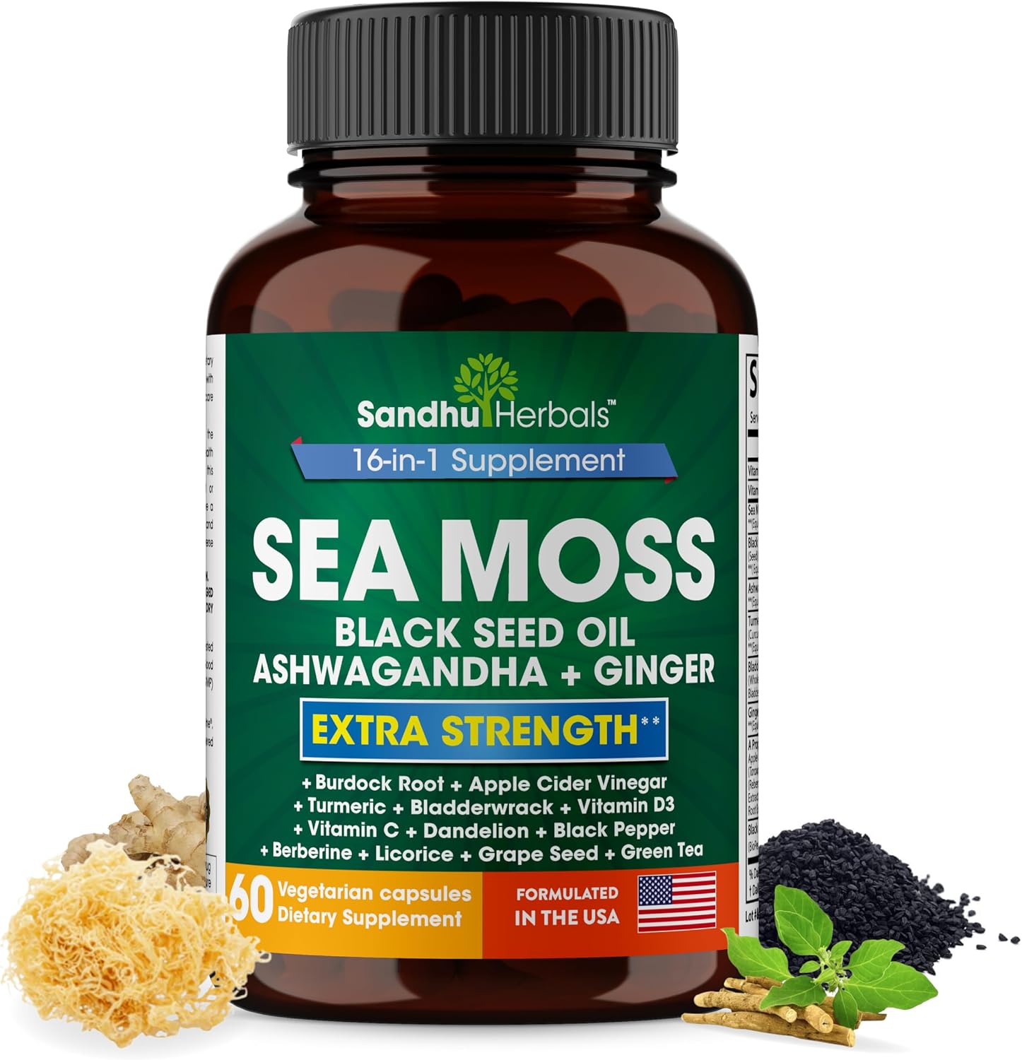 Sandhu Herbals Seamoss & Turmeric Curcumin with Bioperine Capsules | Supports Immune, Digestive, Cognitive, Skin & Hair Health