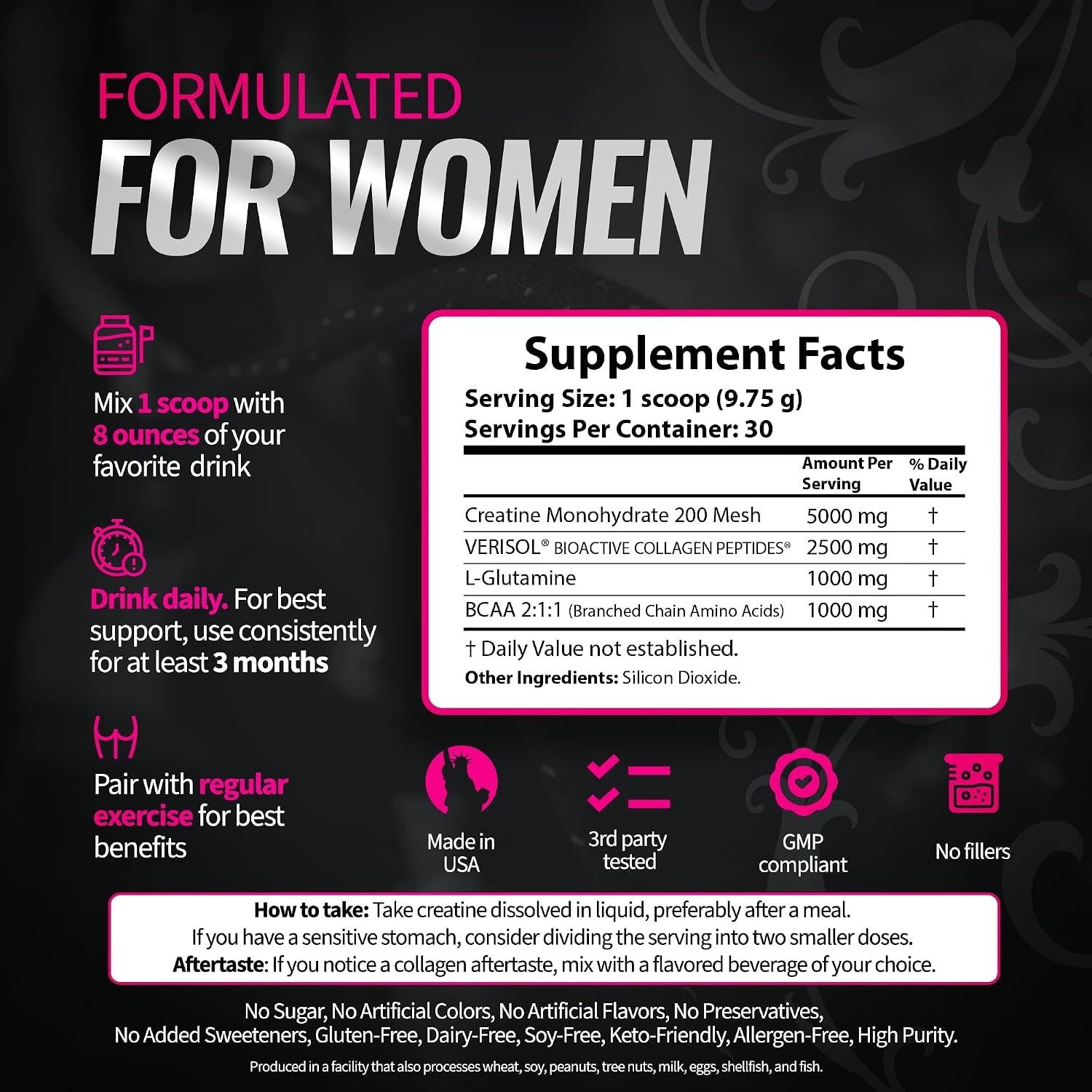 Bold Buns Creatine for Women – Supplement with Collagen & BCAA – Supports Muscle Development, Post-Workout Recovery, Skin Elasticity, Healthy Hair & Nail (2 Pack x 30 Servings, Unflavored)