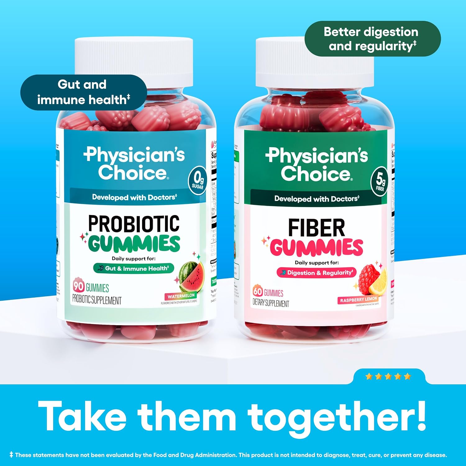Physician's CHOICE Probiotic Gummies with Vitamin D & Prebiotic Fiber - Sugar Free - 1B CFUs of Clinically Studied Probiotic - Supports Immune & Gut Health for Women & Men - Watermelon Flavor - 60CT