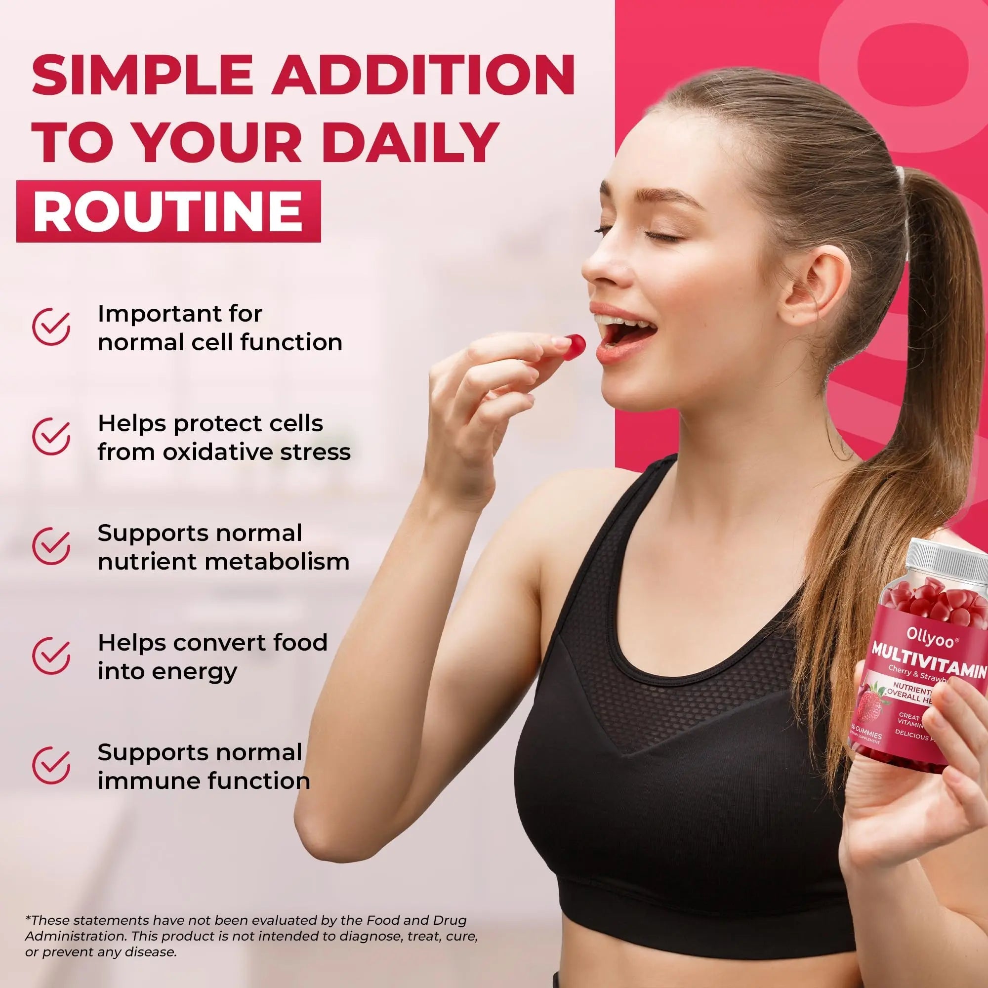Ollyoo Multivitamin Gummies for Adults | Cherry & Strawberry Flavor | Great Source of Vitamin A & Essential Nutrients | Ollyoo