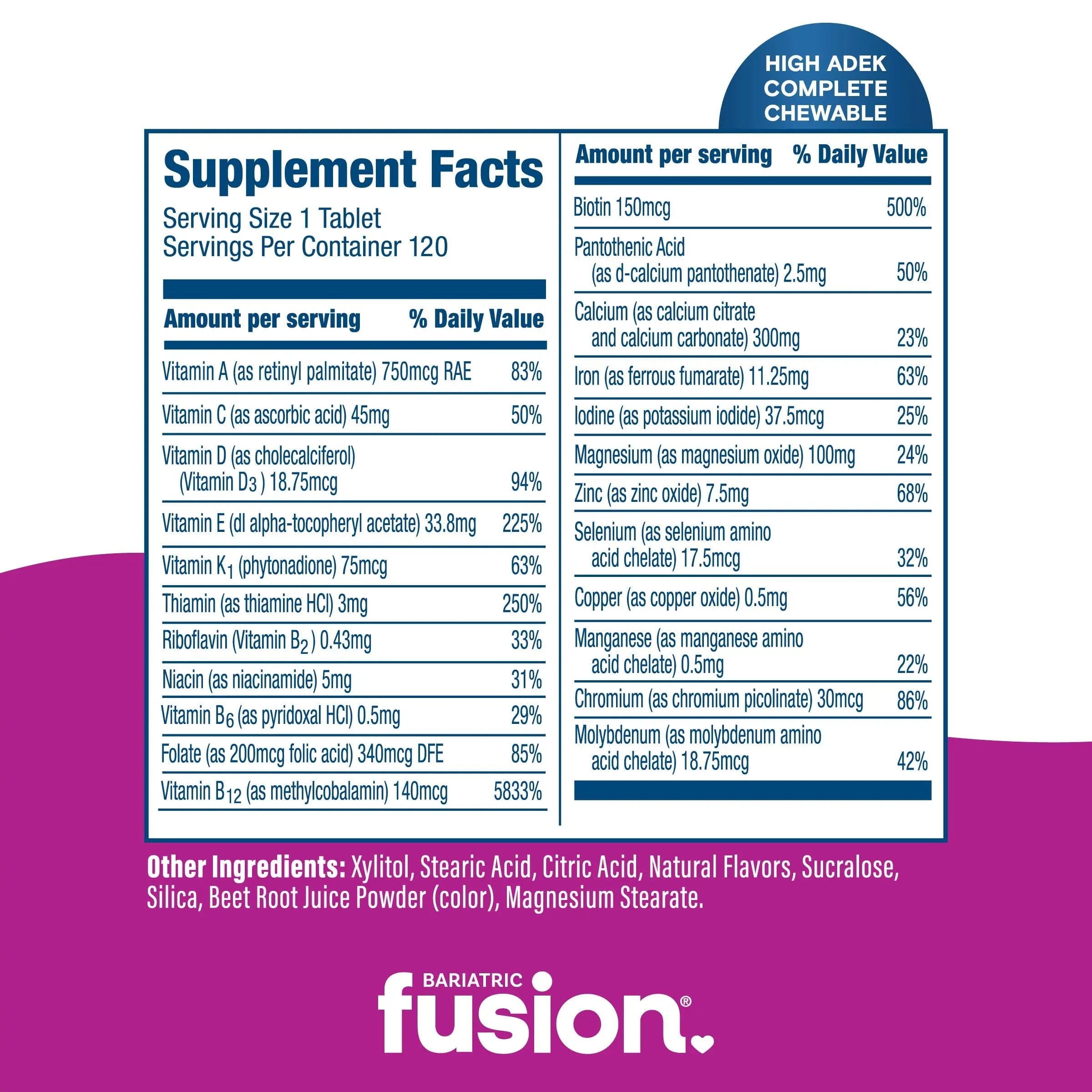 Bariatric Fusion Chewable Multivitamin with High ADEK Vitamins | Multi for Duodenal Switch Patients | Mixed Berry Flavored Tablets | Bariatric Fusion