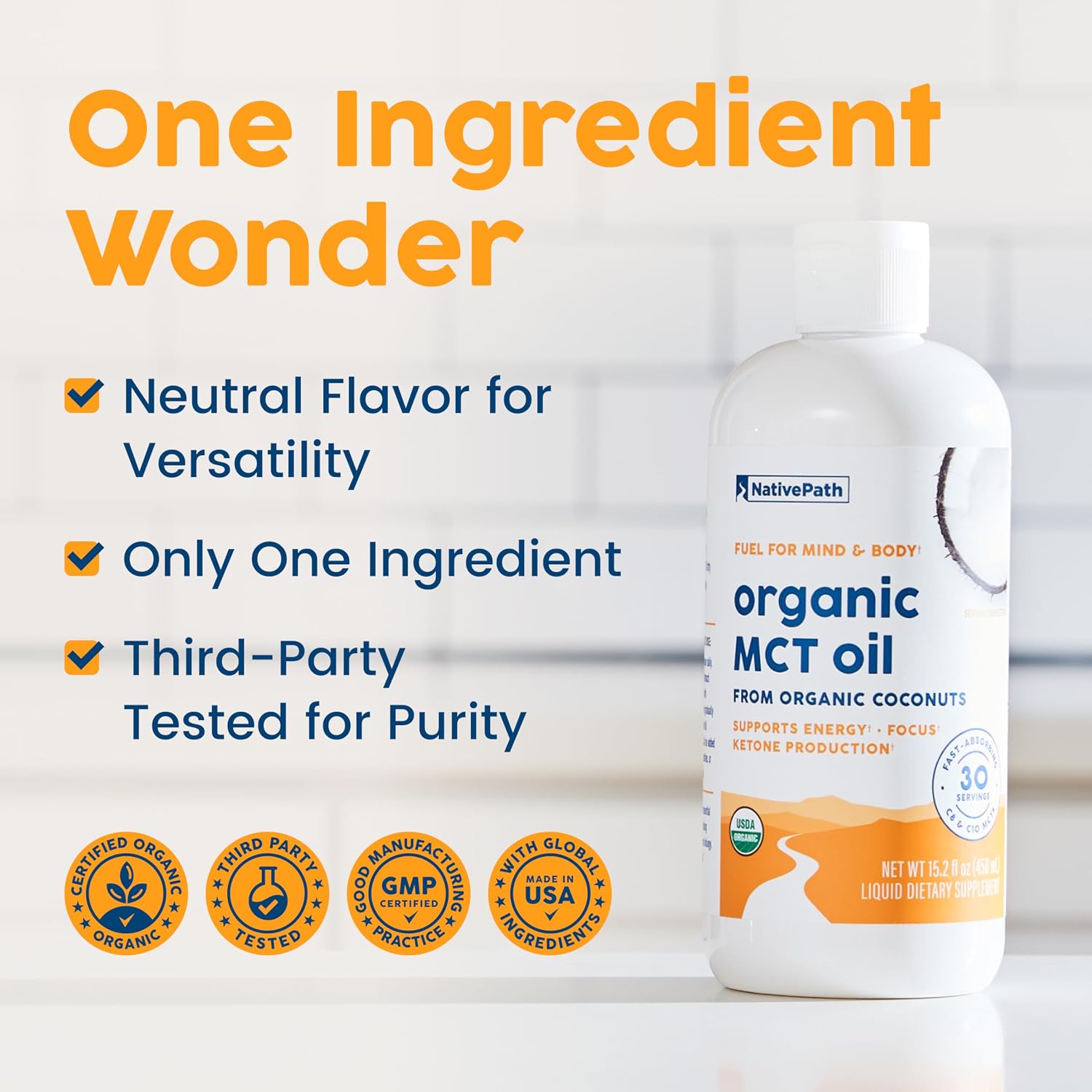 NativePath MCT Oil, Organic, C8 & C10, Flavorless, 30 Servings | From 100% Coconut, Keto Coffee, Smoothies, Dressings, Supports Clean Energy & Focus, Vegan, Non-GMO