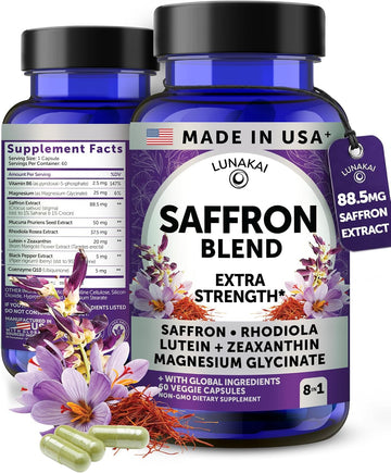 Lunakai USA Made Saffron+ Supplement for Adults, 88.5mg, 60 Day Supply | Non-GMO 8-in-1 Formula Saffron Extract Capsules | Daily Mood & Energy Support for Men & Women