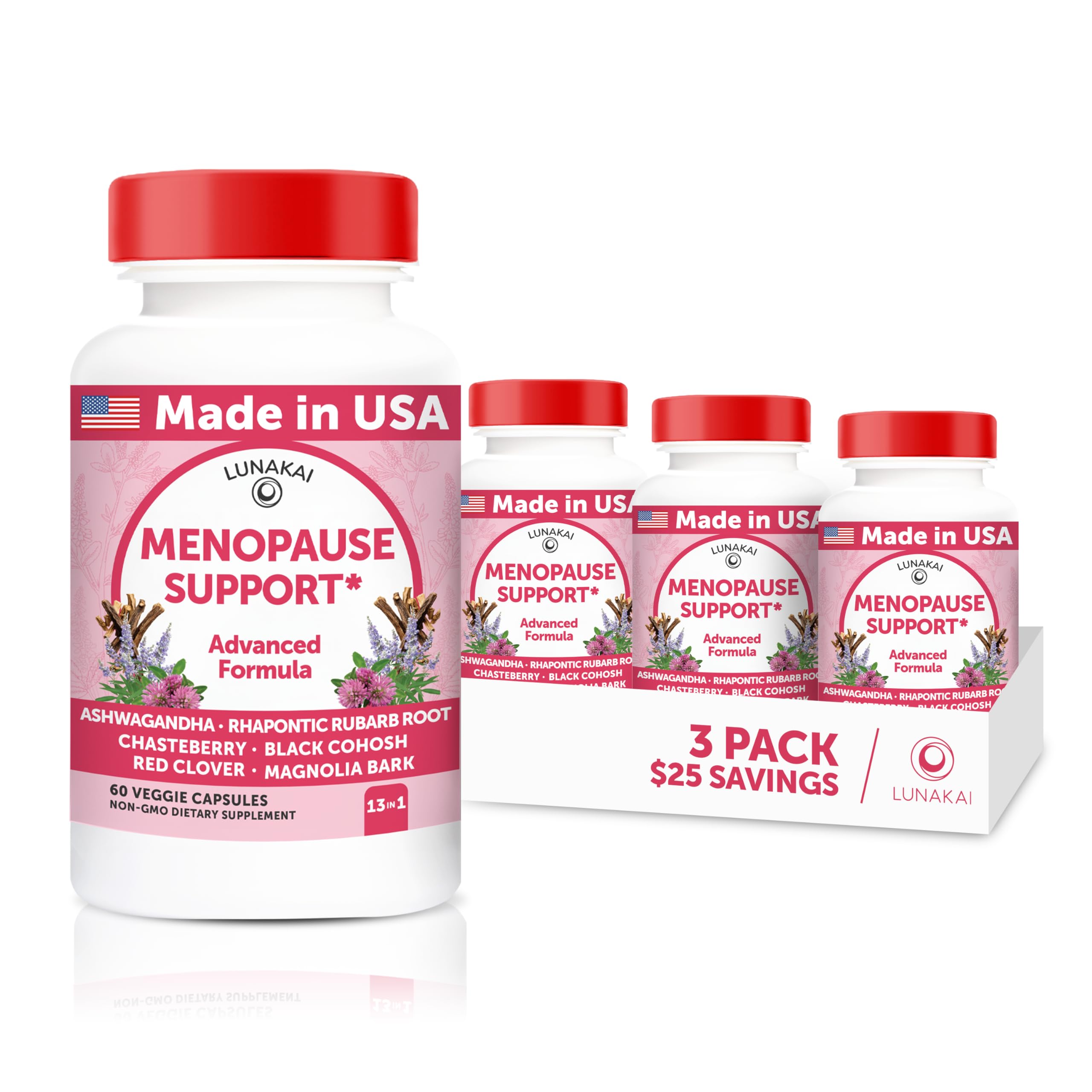 Lunakai USA Made Natural Menopause Supplements for Women, 60ct | Non-GMO, 13-in-1 Menopause Relief for Hot Flashes, Night Sweats, Sleep & Mood Support