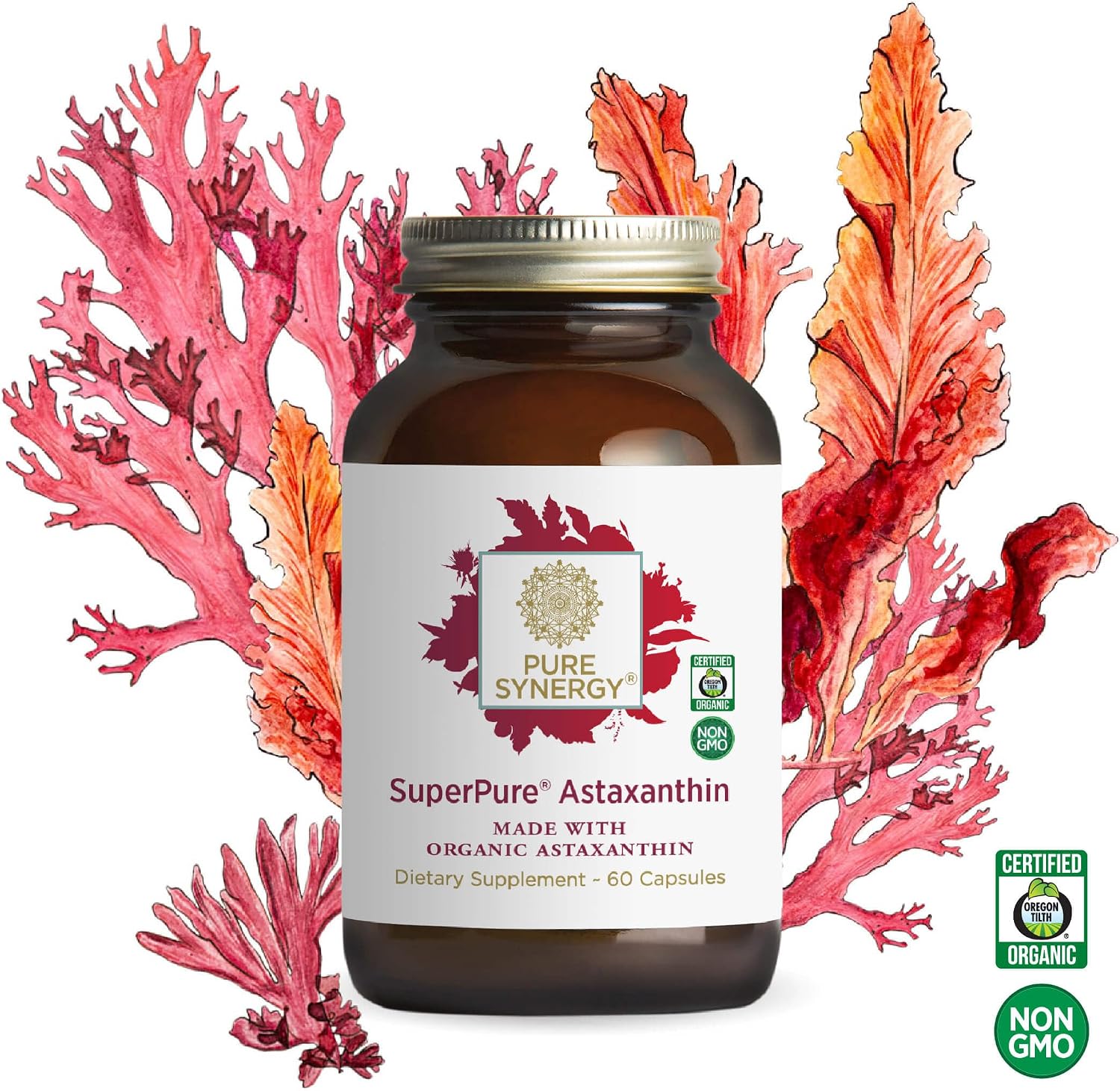 PURE SYNERGY SuperPure Astaxanthin Extract | Organic Astaxanthin from Algae with Sunflower Lecithin | Antioxidant Support for Skin and Eye Health (60 Capsules)