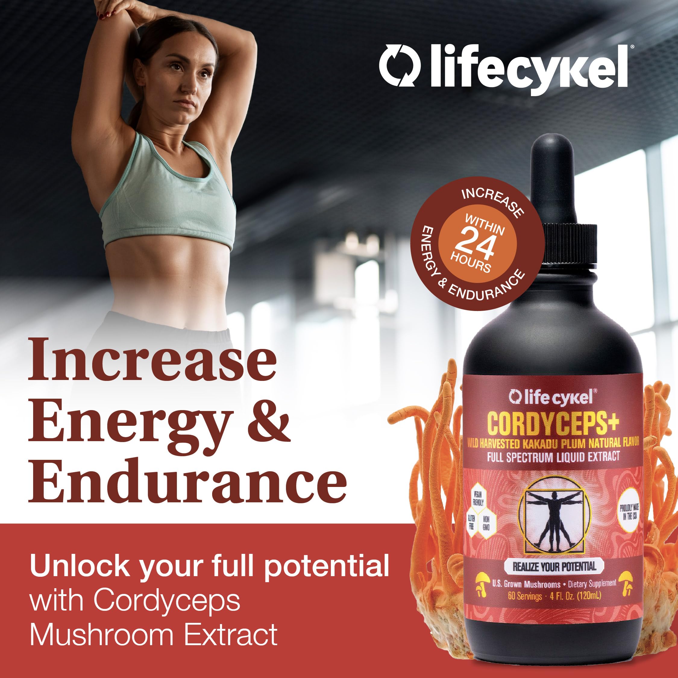 Life Cykel Cordyceps Mushroom Extract with Kakadu Plum - Energy, Stamina & Vitality Support, Natural Aging Supplement - Non-GMO and Vegan Tincture - 4Fl Oz
