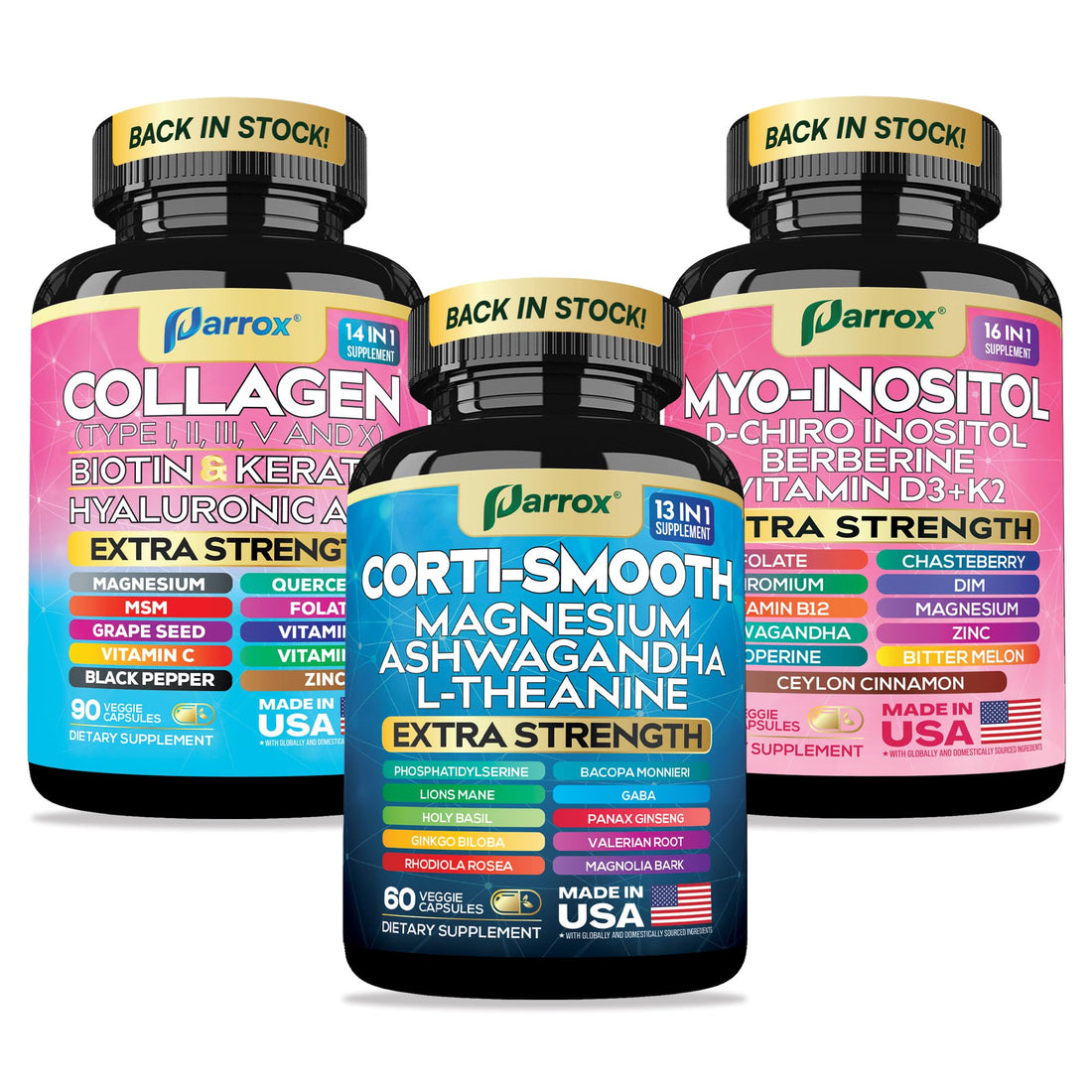 Parrox She Shines Set - Collagen Peptides Types I, II, III, V, X, Biotin, Keratin, Myo Inositol & D-Chiro Inositol, Berberine, Cortisol Support, Magnesium, Ashwagandha, L-Theanine, Lions Mane ParroxBuy Supplements Australia