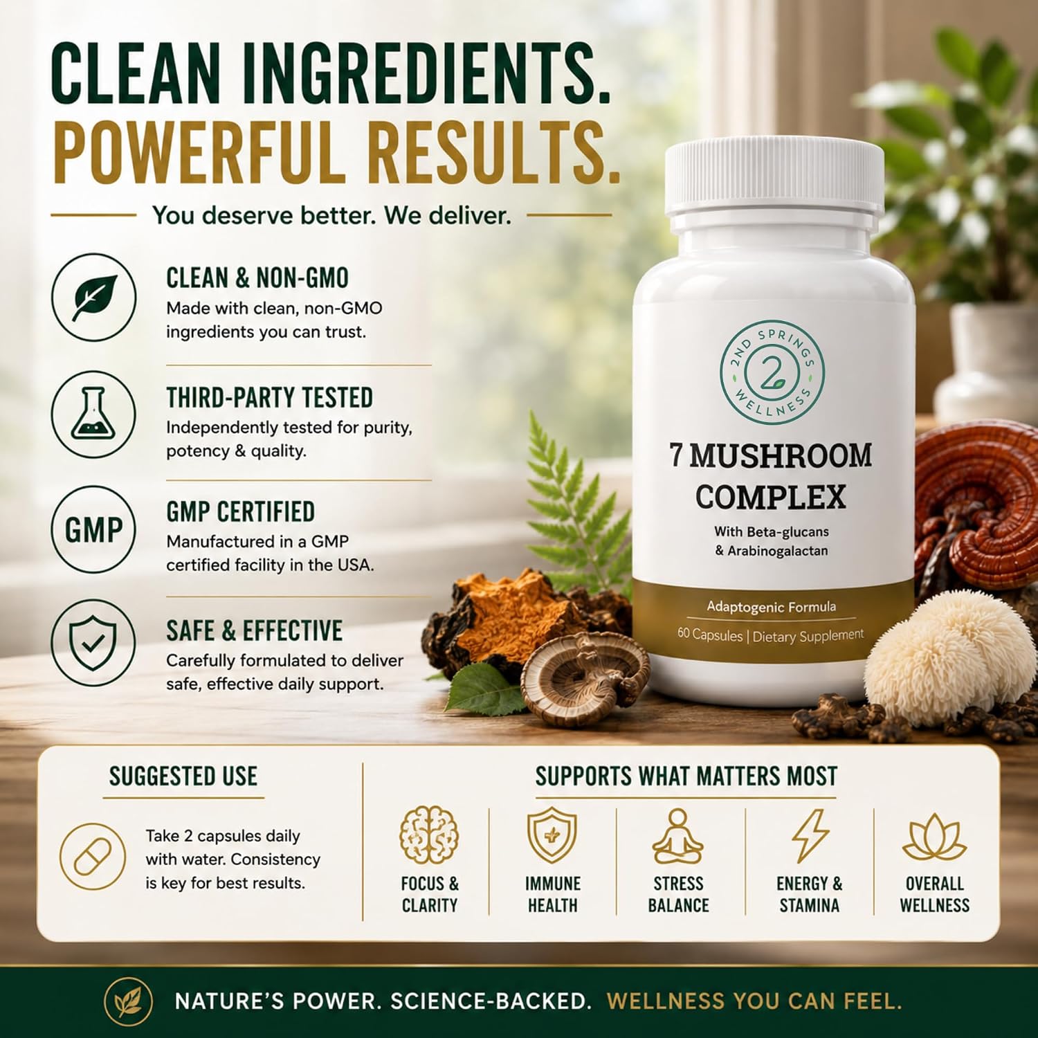 7 Organic Mushroom Complex - 7 Mushroom Supplement | Immune Support Nootropic & Adaptogenic, Lion's Mane, Chaga, Maitake, Shiitake, Reishi, Turkey Tails, Cordyceps, Capsules