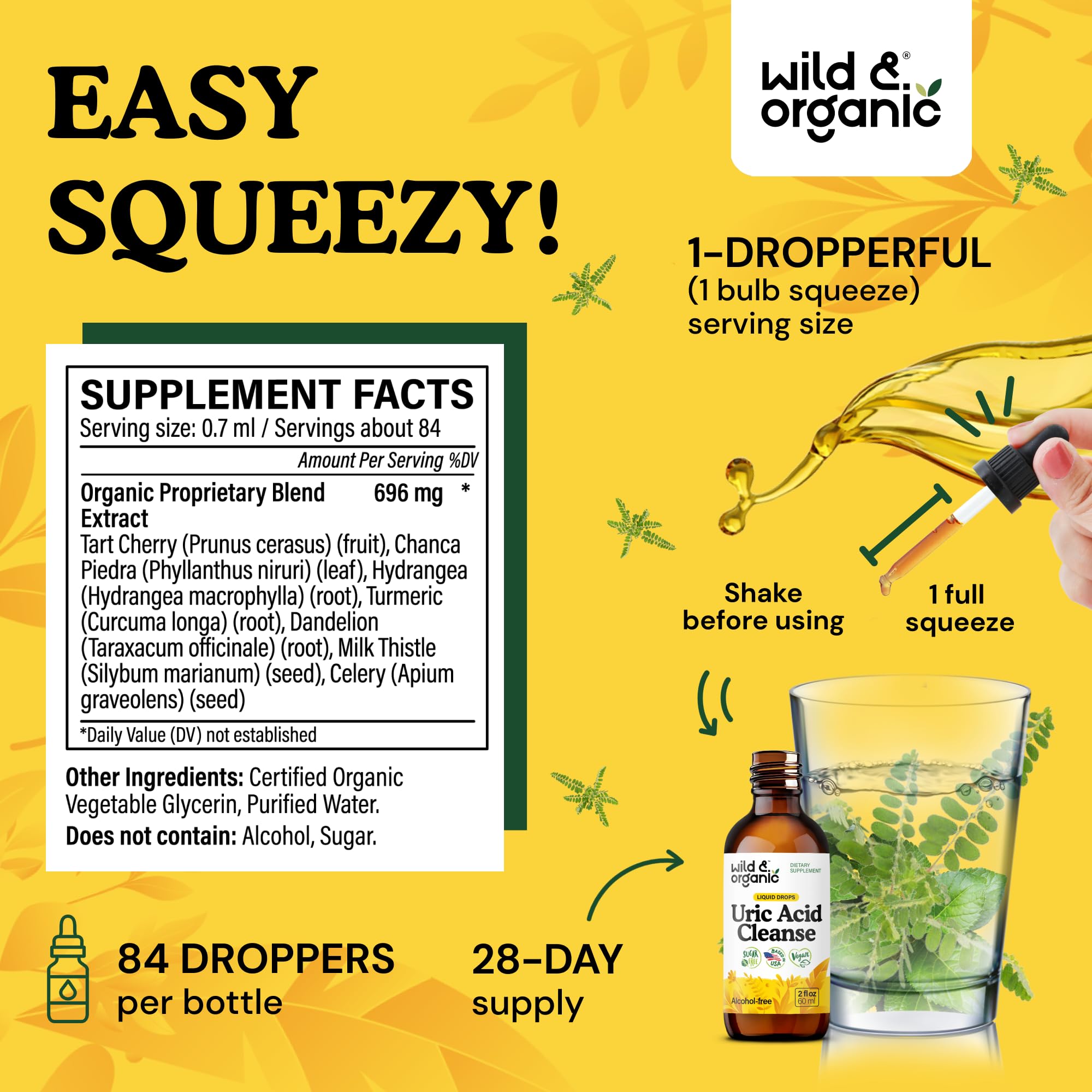 Wild & Organic Uric Acid Cleanse Liquid Drops - Tart Cherry, Turmeric, Celery, Chanca Piedra, Dandelion Root Extract Complex - Uric Acid Supplement - Vegan, Sugar & Alcohol-Free Tincture - 4 fl oz