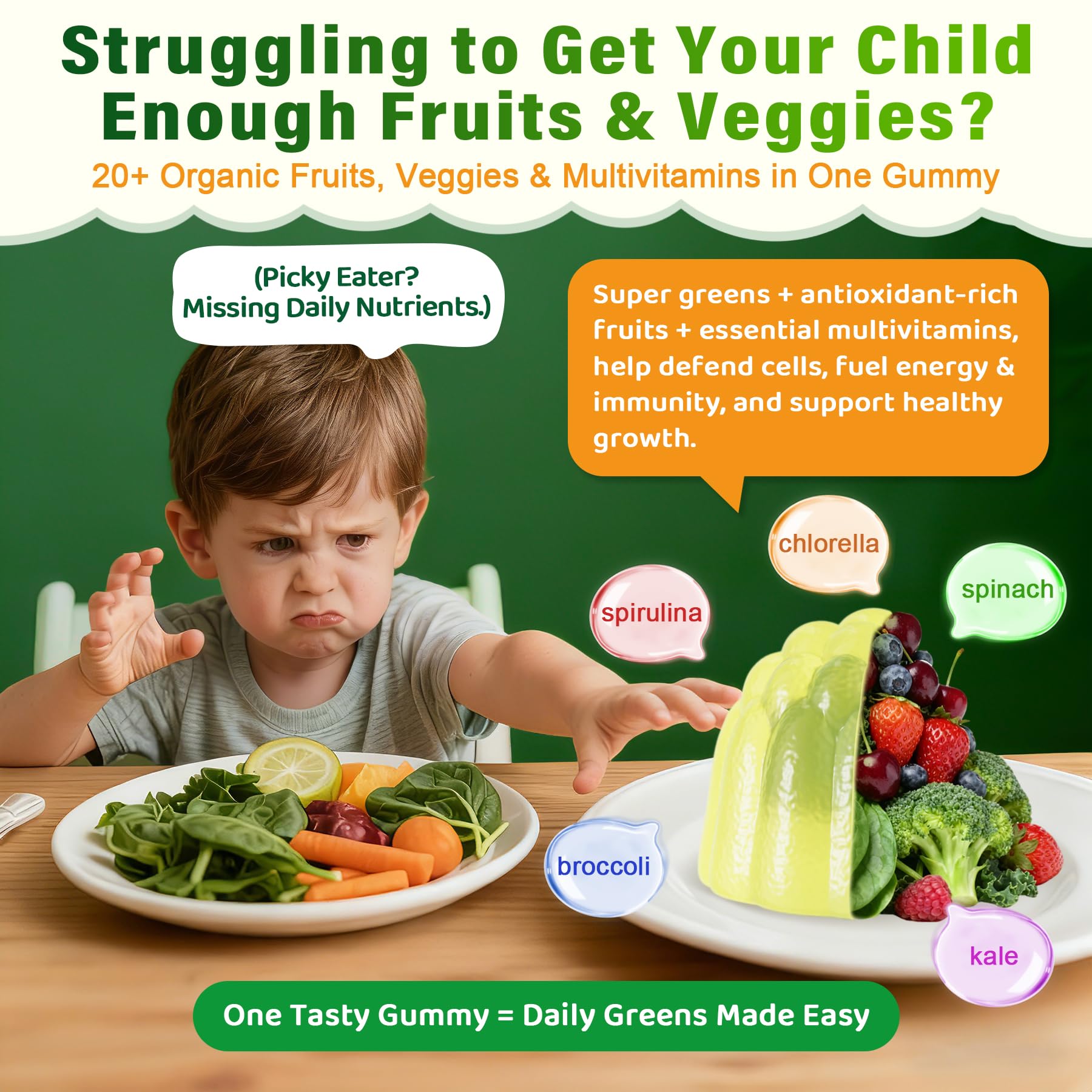 Kids Multivitamin Gummies, 20+ Super Greens Fruit Veggies Supplement Superfood Daily Fiber Gummies for Picky Eater with Probiotics Kids Gummy Vitamins & Minerals for Growth, Gut, Immune Support, 60Cts