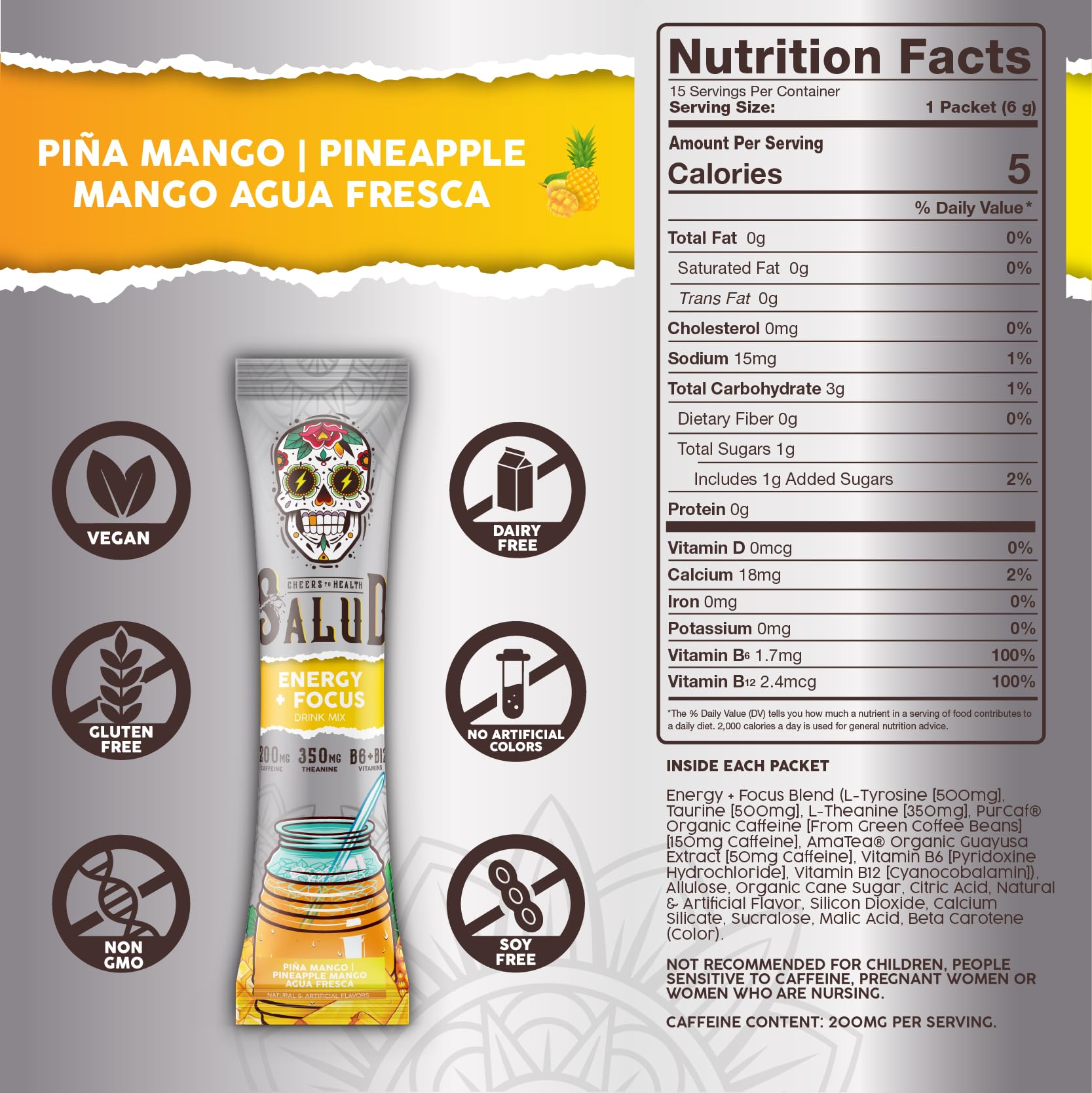 Salud 2-in-1 Energy + Focus Drink Mix, Hibiscus | Organic Caffeine, B6 + B12, Theanine, Clean Energy Packets, Agua Fresca Mix, Non-GMO, Gluten Free, 1g of Sugar (15 Servings)