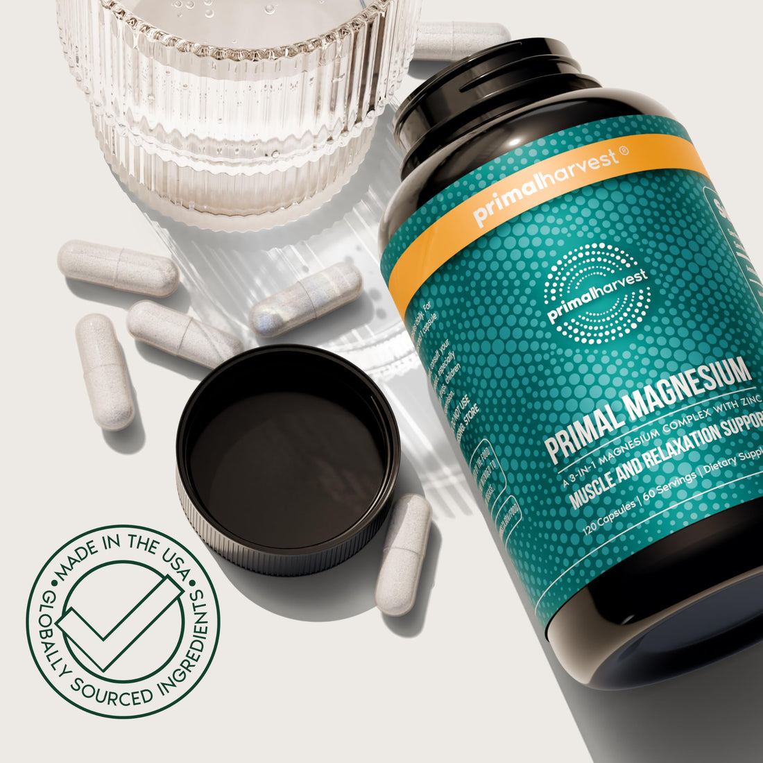 Primal Magnesium supplement bottle with Primalharvest label on a white background
